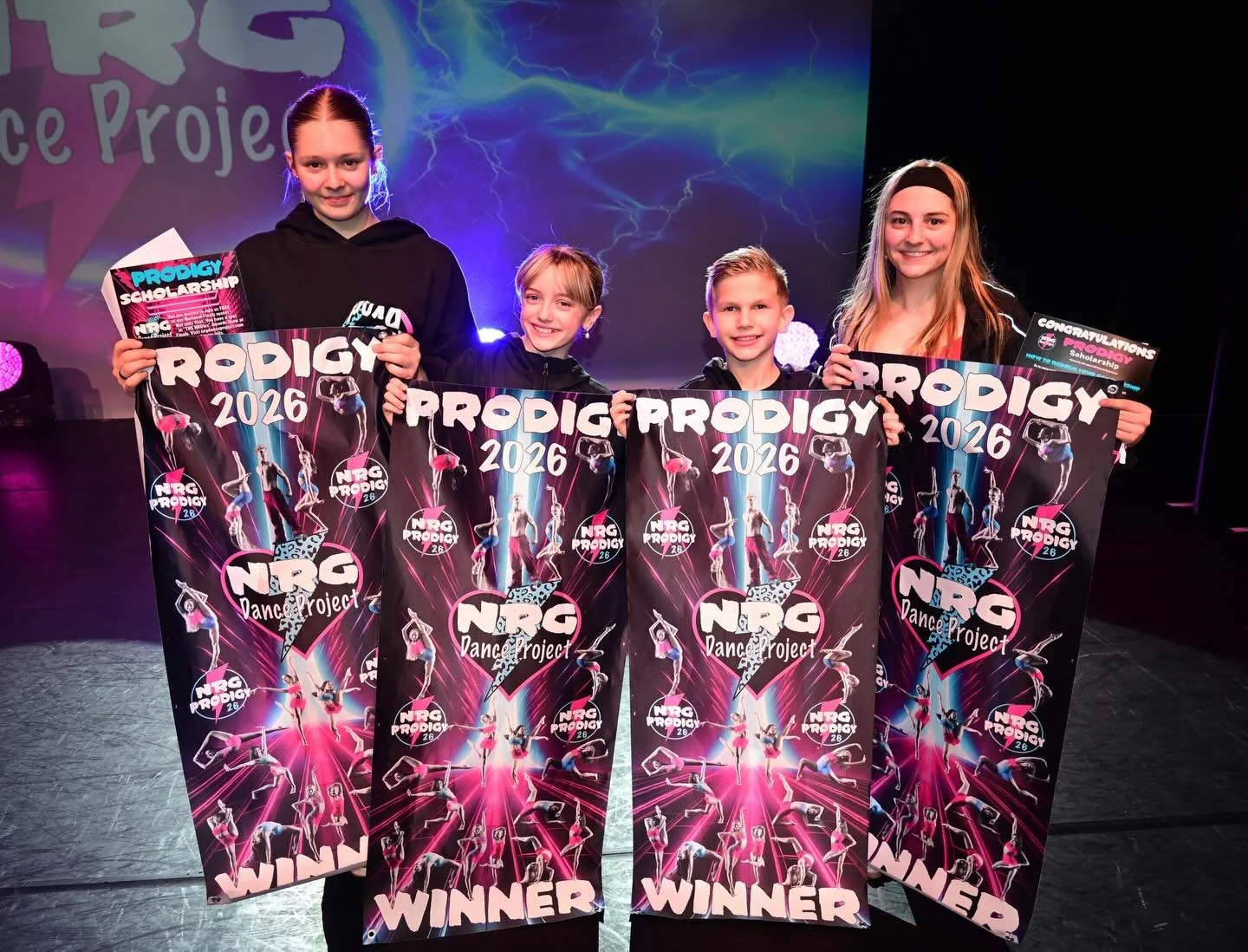 Our FOUR new prodigies🤩🤩🤩🤩 So proud of not just how hard they all worked this weekend, but how hard they train in the studio to get to this milestone! We are so proud to now have 8 dancers parts of the amazing @nrgprodigies program!!