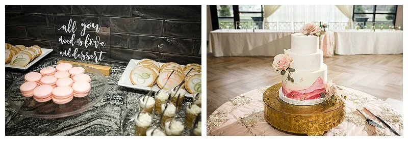 Venue: The Bend Event Center   |   Florals: Hignight’s Florist   |   Cake, Macarons, Trifle Cups: Little Sweets   |   Stencil Cookies: Olde Towne Bakery   |   Photos: Cadenza Photo Imaging