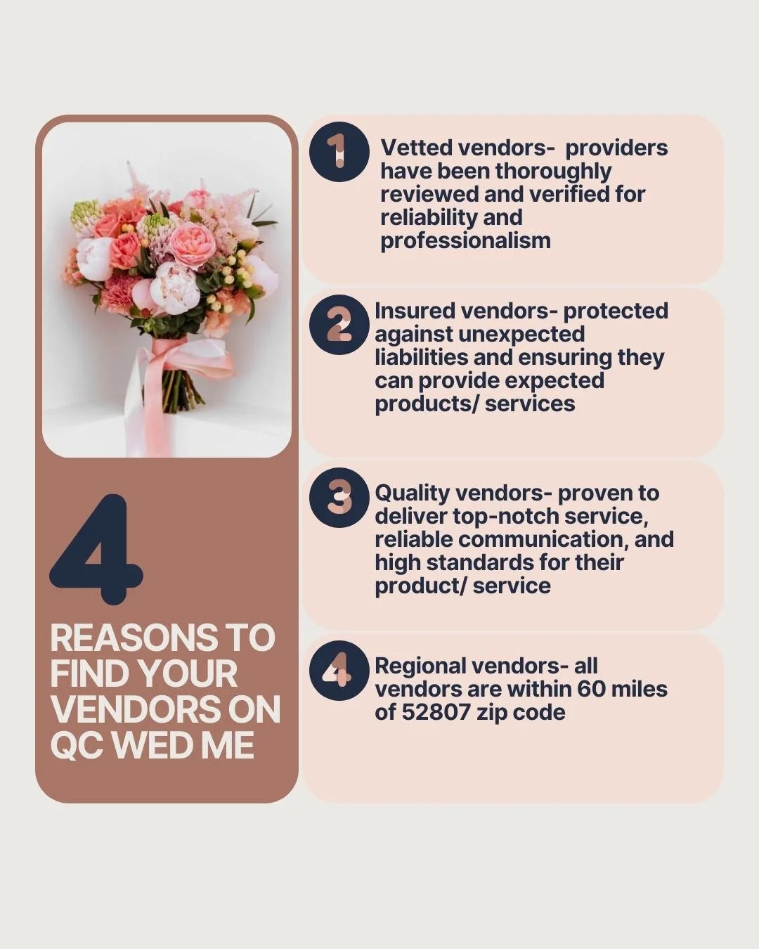 💍 Planning your dream wedding? Don&rsquo;t stress about where to start &mdash; we&rsquo;ve got you covered. 

Here are 4 reasons to find your vendors on QC Wed Me:
✨ Vetted + reliable professionals
✨ Insured + protected vendors
✨ Proven quality + to