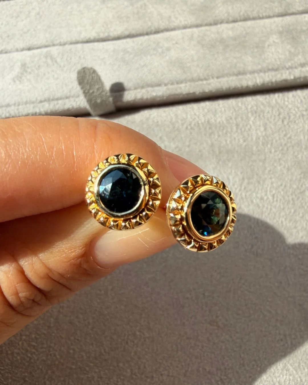 Studs with studs, round teal sapphires set in 18K yellow gold bezels.�The shade is called Deep Lake, inspired by the colour&rsquo;s depth, shifting between blue and green like still water that hides its own light. �#loveatfirstsight
#TheSocietyHK #18