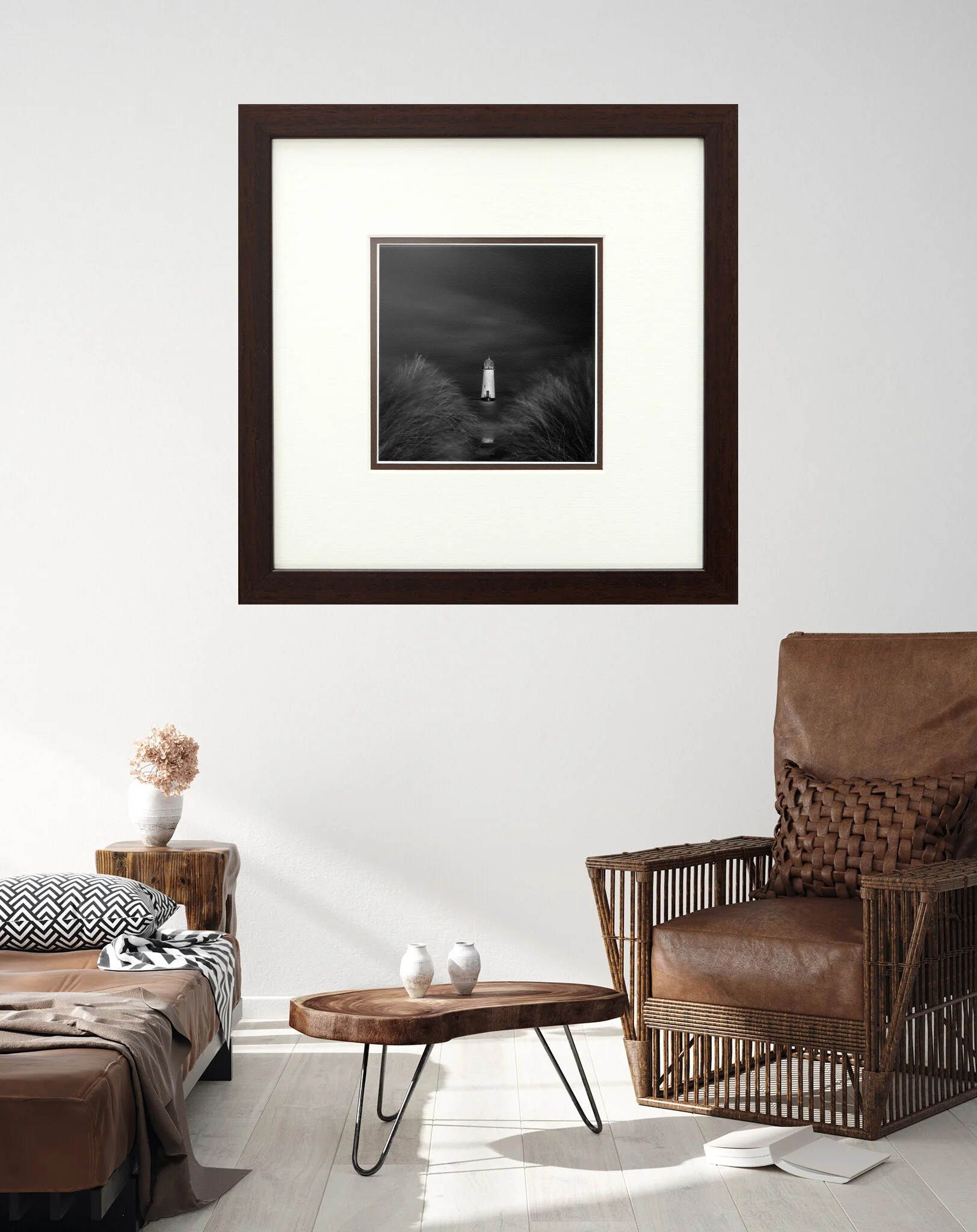 Wall mock up in Scandi-boho home interior with retro brown leath