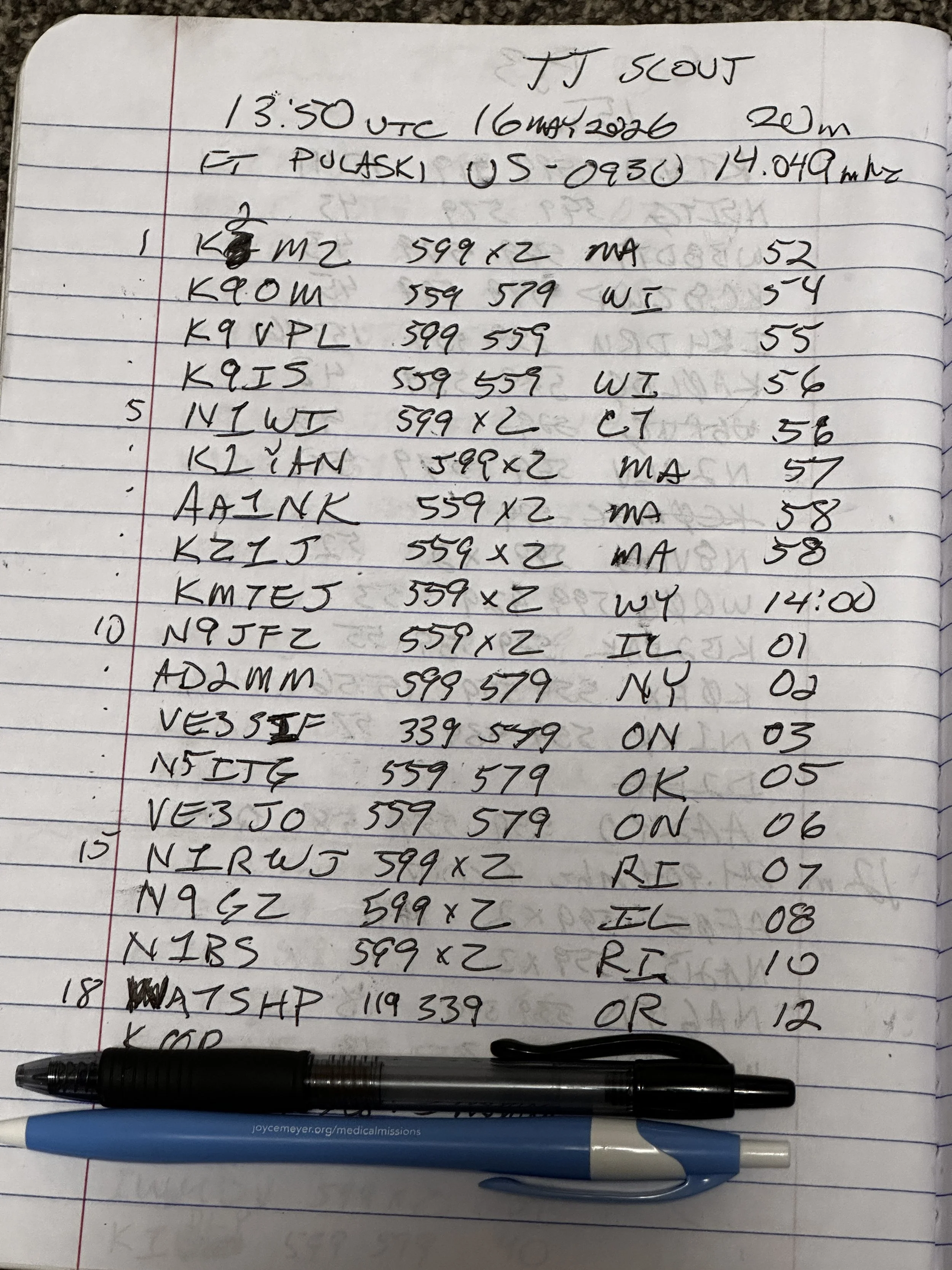 POTA logbook handwritten ham radio logbook