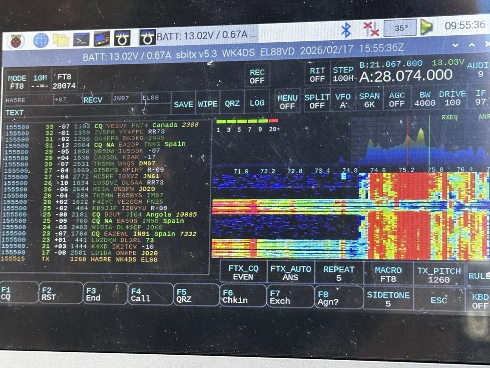 sBitx v3 screen showing FT8 digital mode waterfall on 10 meters with European DX contacts including Spain and Canada during POTA activation