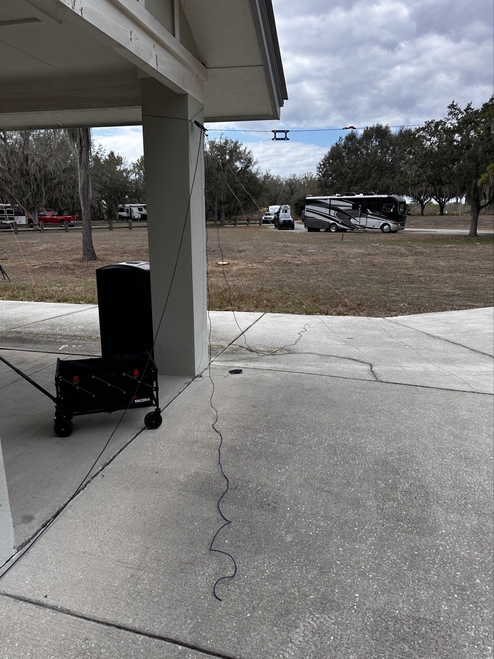 EFHW wire antenna deployed from pavilion to tree at Alafia River State Park US-1829 POTA activation
