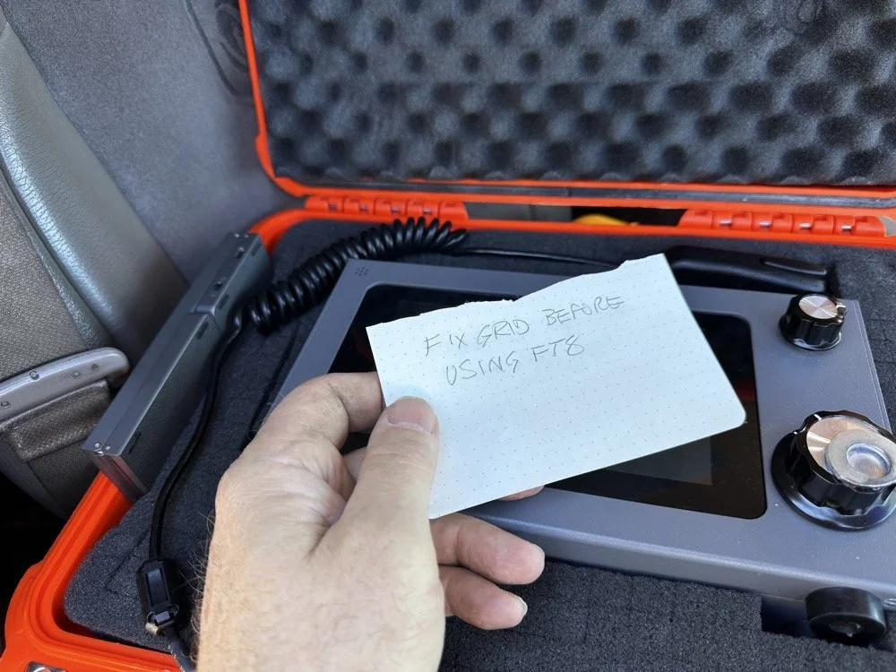 Reminder note to fix grid square before FT8 operation - field logging tip for POTA activators