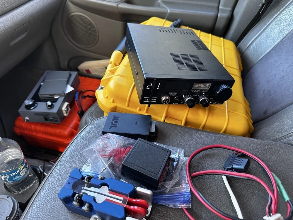 sBitx V3 transceiver and accessories setup for portable POTA operation from vehicle