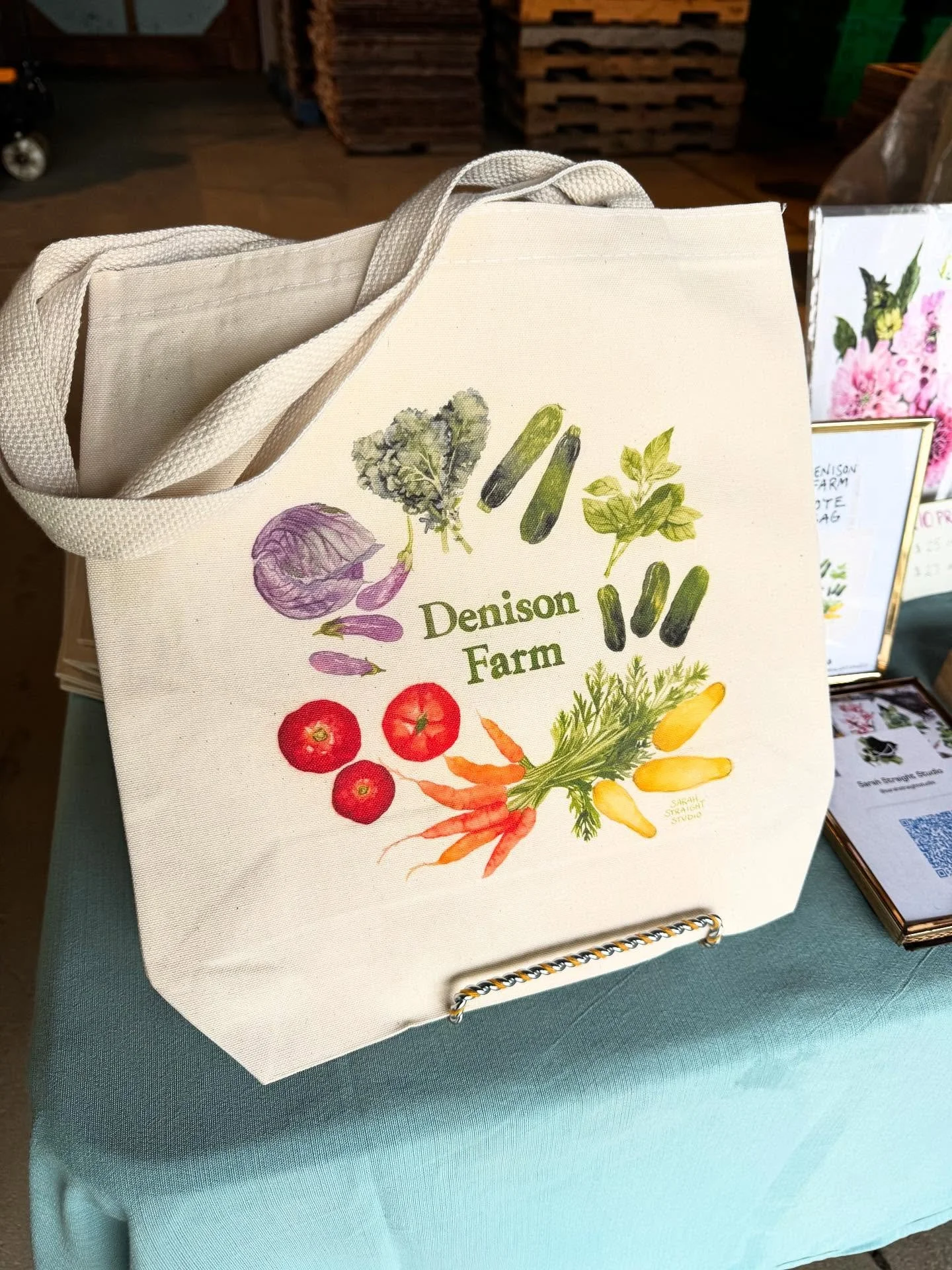 So nice to collaborate with @denisonfarm on a special watercolor veggie tote bag! I have been part of the farm crew for several years, and I am so appreciative of the support they have shown for my artwork! I got to bring some prints and tote bags al