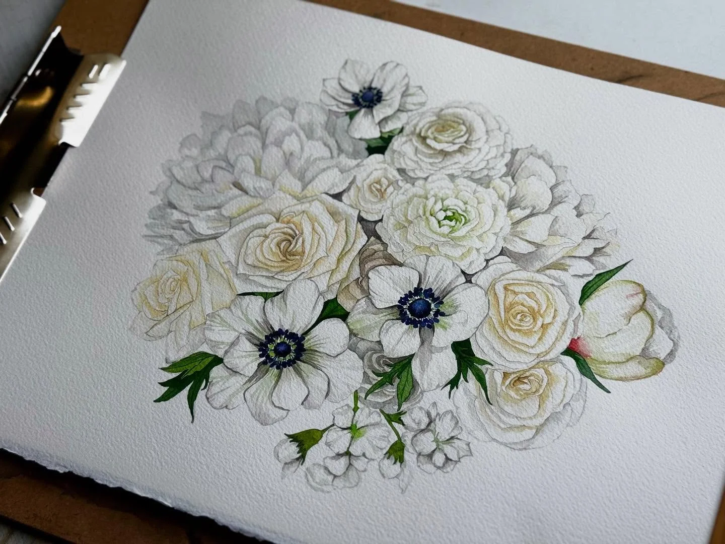 All-white flower bouquets are a bit of a puzzle to paint. There are colors, but they are subtle, and finding the right hues takes time. With patience, and light layers of paint, eventually the flowers emerge. It was a privilege to work on this specia