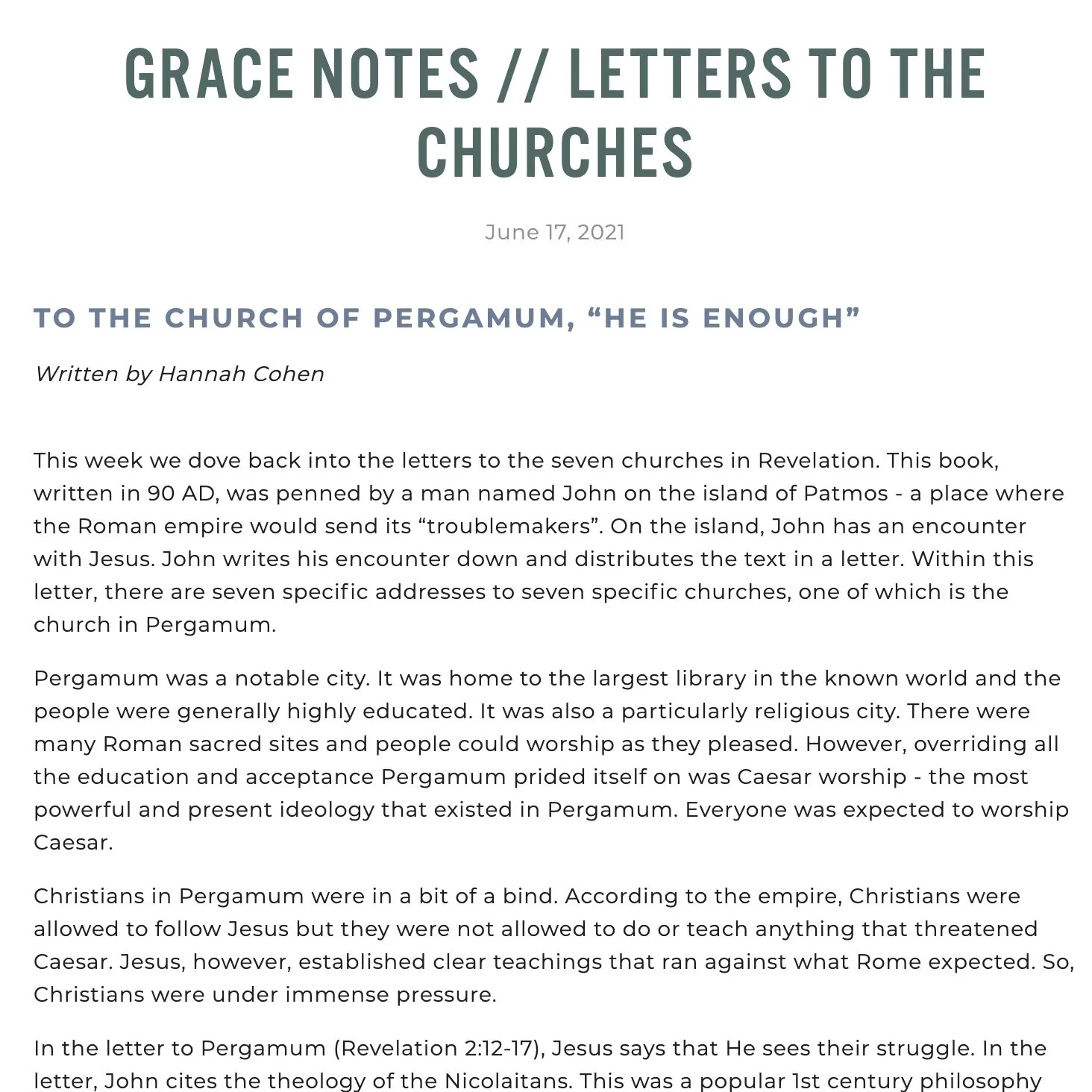 To the Church of Pergamum, "He is Enough"