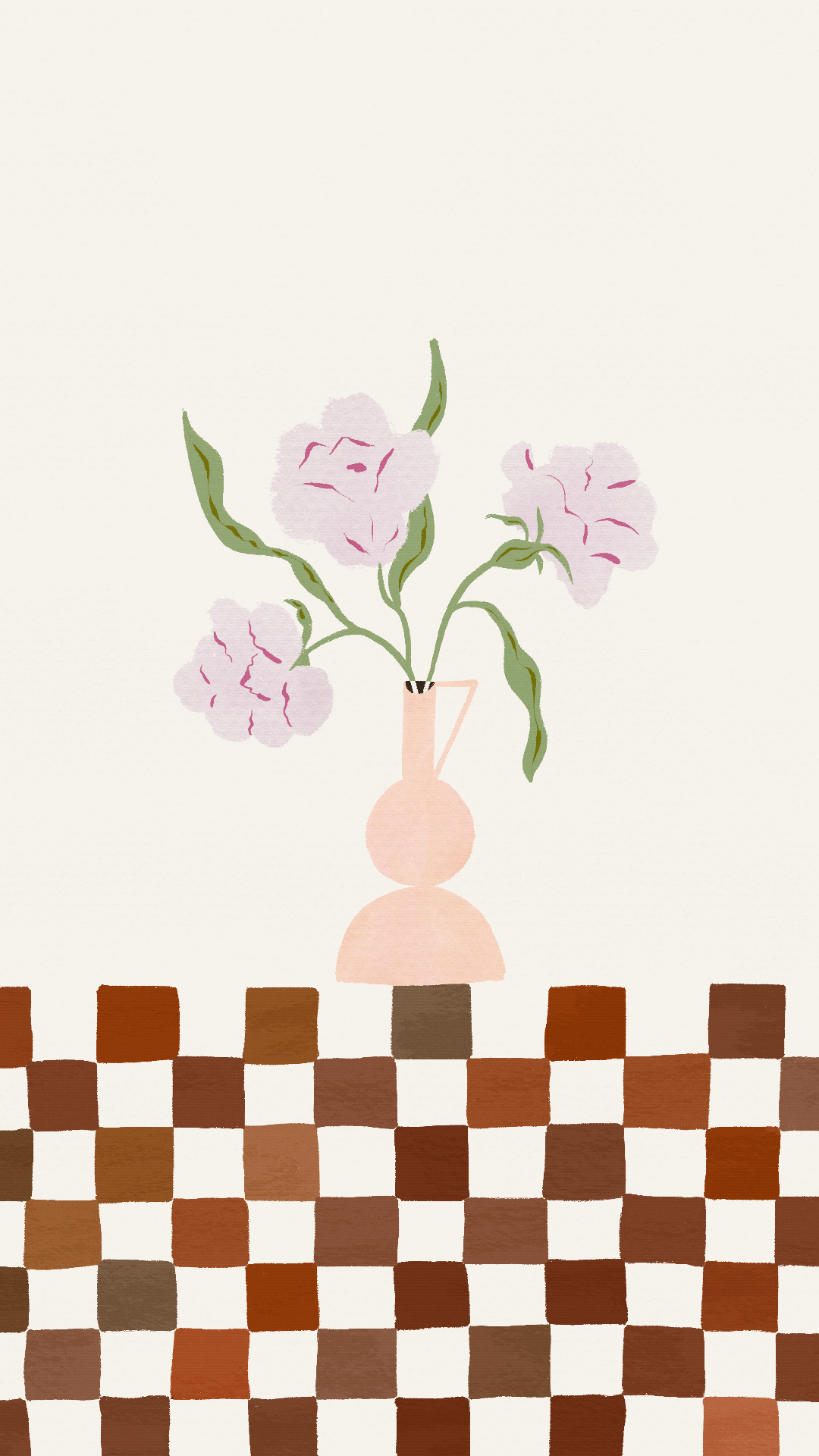 GIF animation of lilac peonies in a pink vase on a checkerboard – modern graphic wall art