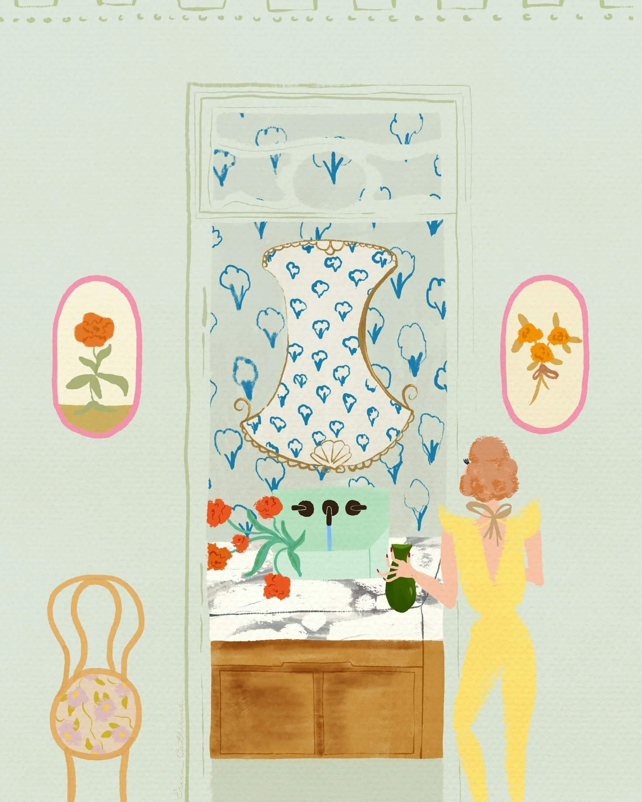 Illustration of a woman arranging roses in a vase in a mint-green room. Painterly, whimsical floral artwork titled “Happy New Home” by Erica Catherine.