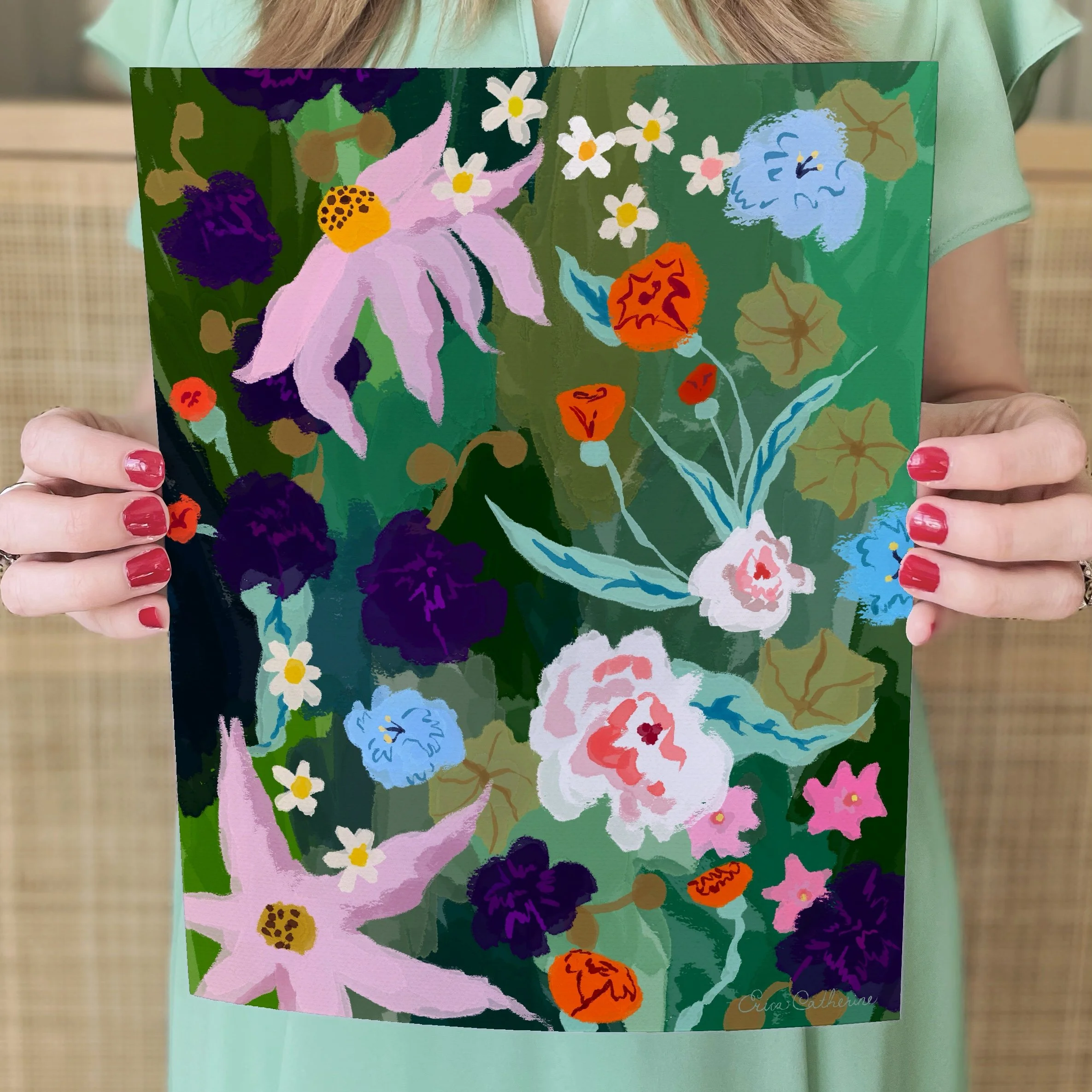 Painterly still life with garden flowers – moody watercolor bouquet in greens, lilacs, pinks and purples, held by a woman in a mint, frilly dress, with manicured hands