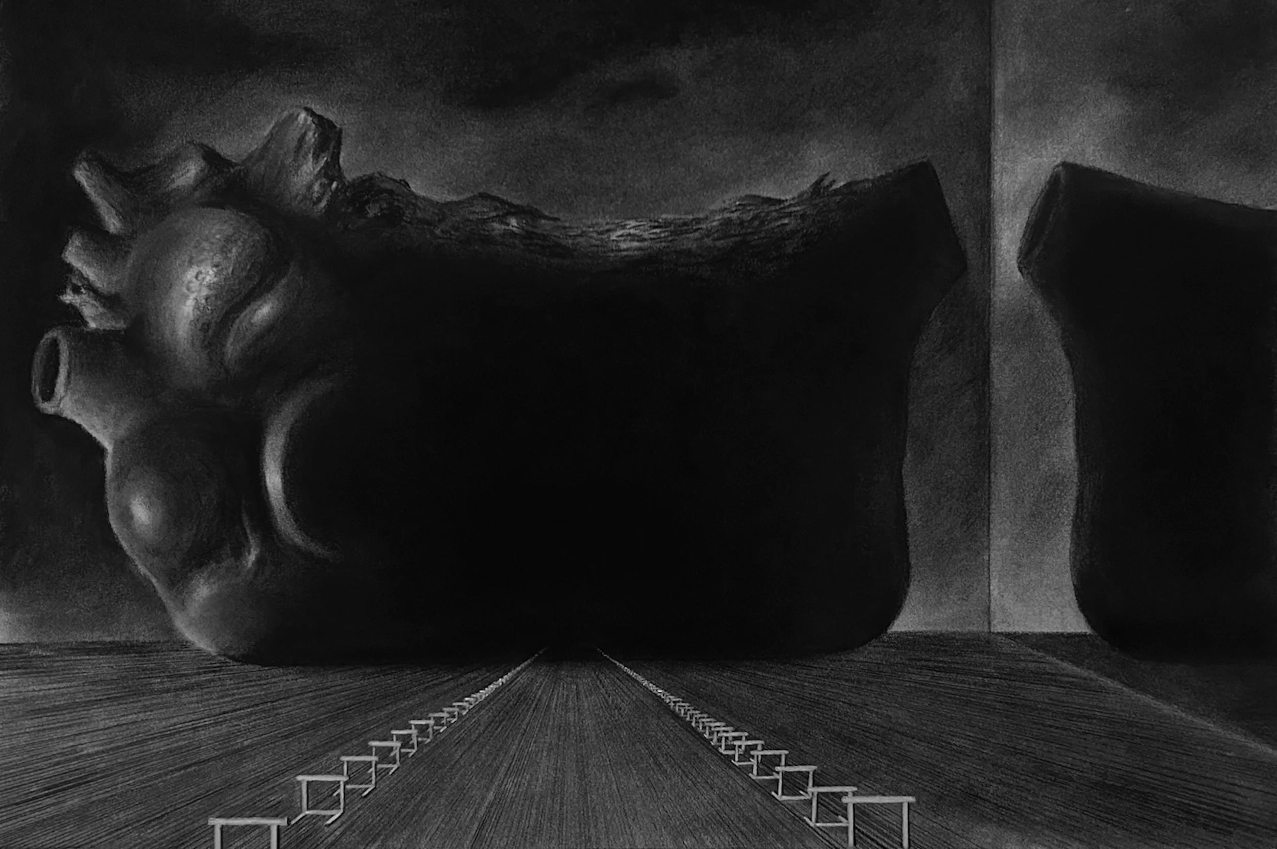 Into what?, charcoal, graphite, pastel, white pencil on paper, 12" x 18", 2024