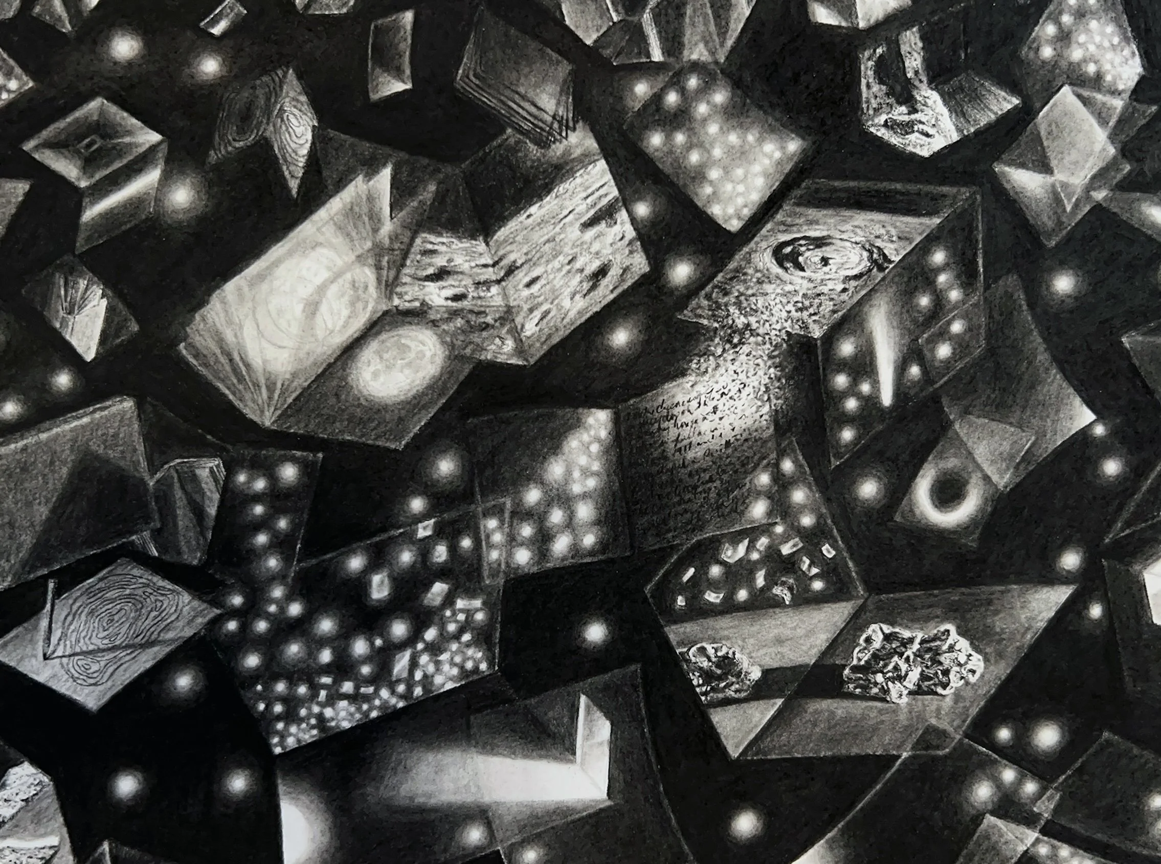 Here, charcoal and graphite on paper, 30" x 22", detail shot, 2025