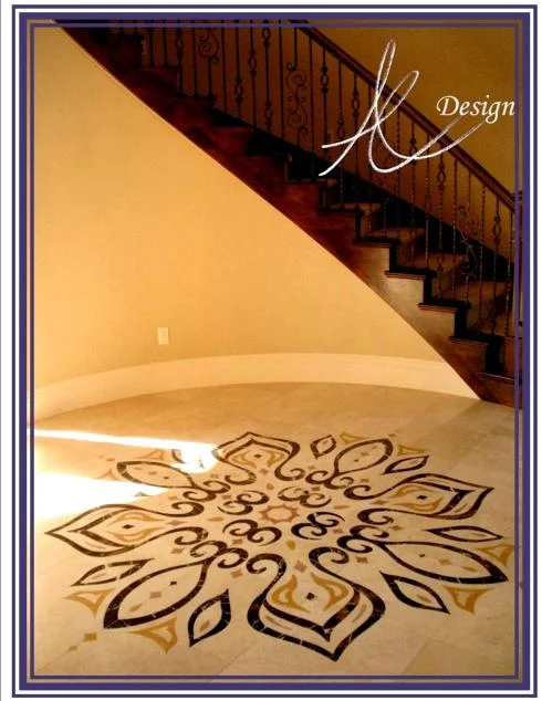 Azure Elizabeth artwork on the floor with wooden stairway