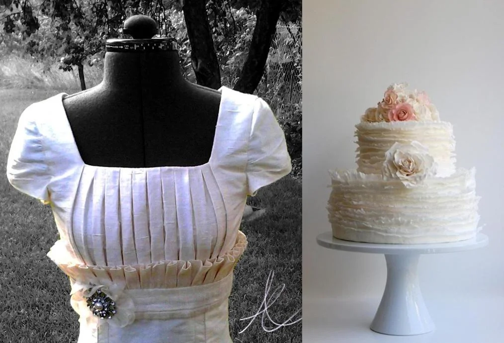 A traditional wedding dress and a ruffled cake