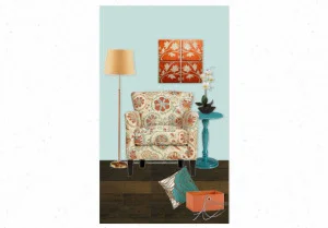 Living room idea with powdery blue wall, armchair and the four pieces artwork on wall