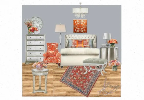 Living room idea with color grey furniture, orange armchair and the four pieces artwork on wall