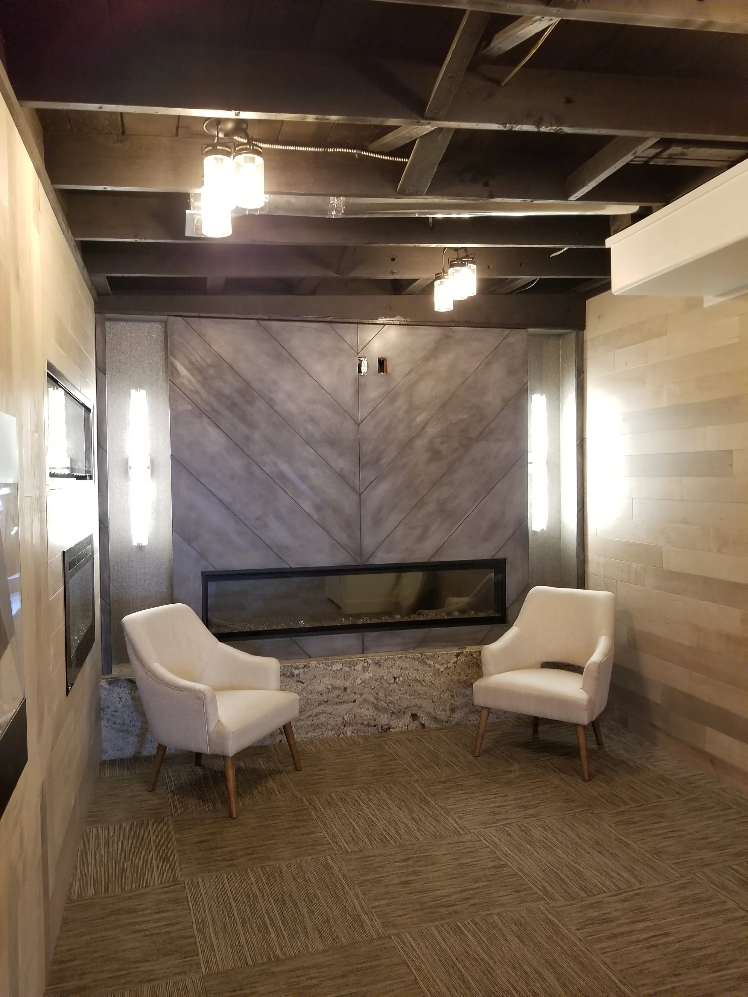 House interior with armchair, wooden texture floor and wooden wall