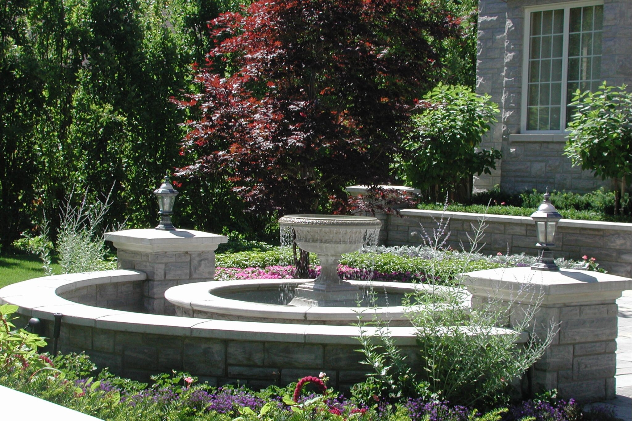 Raise Stone Fountain | Curved seating Wall | Stone Pillars