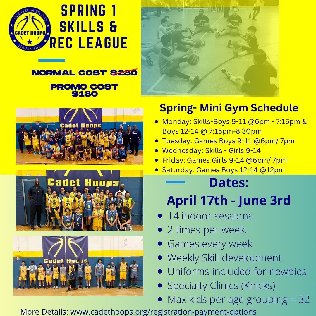 Finally our confirmed dates for Spring basketball skills enrichment are confirmed.  It will be a mini-session and cover 7 weeks in total.  April 17th - June 3rd.  During the week only.  Skill sessions and games.  Additional news regarding spring and 