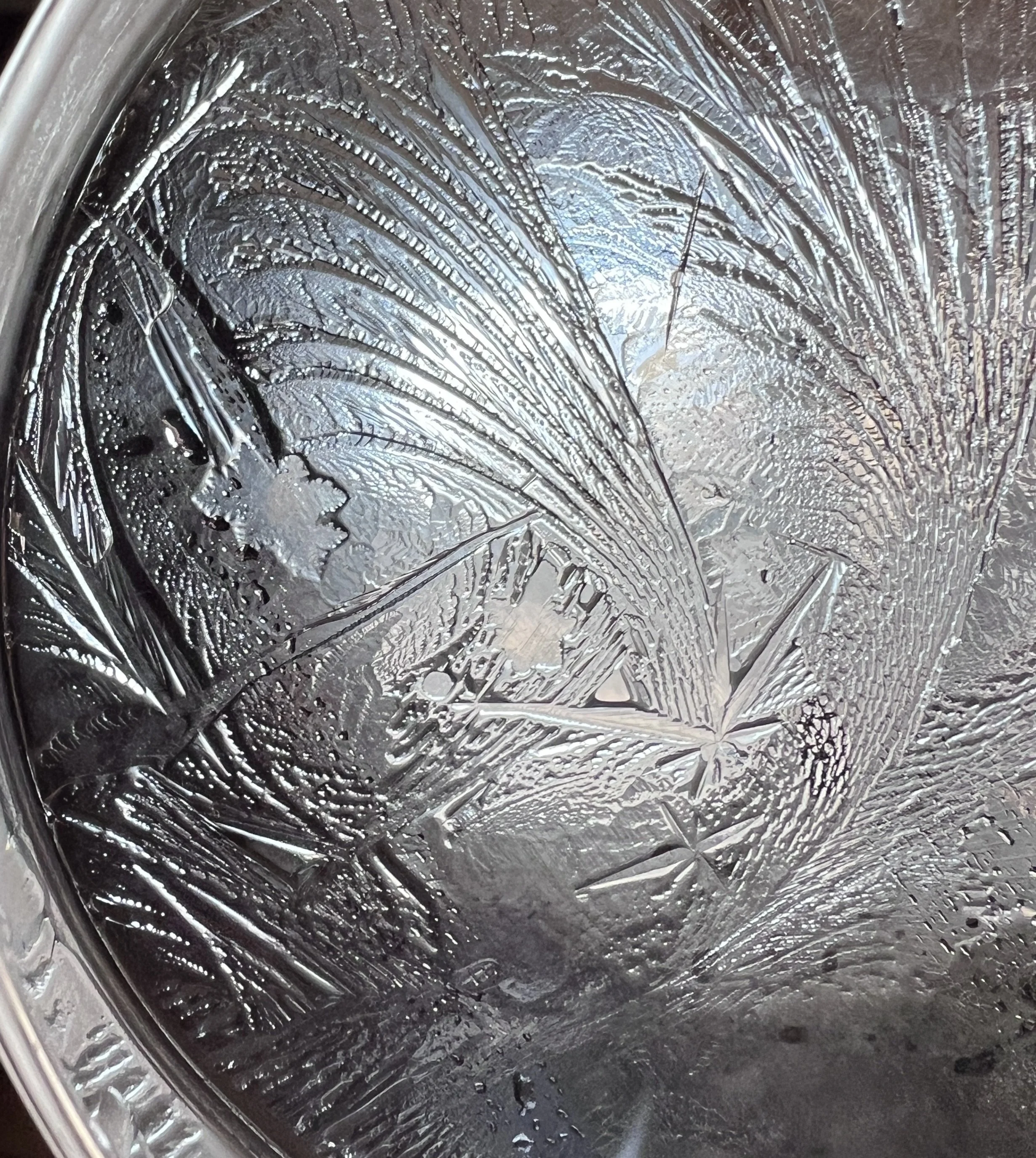 Close-up of a petri-dish with ice patterns and hydroglyph