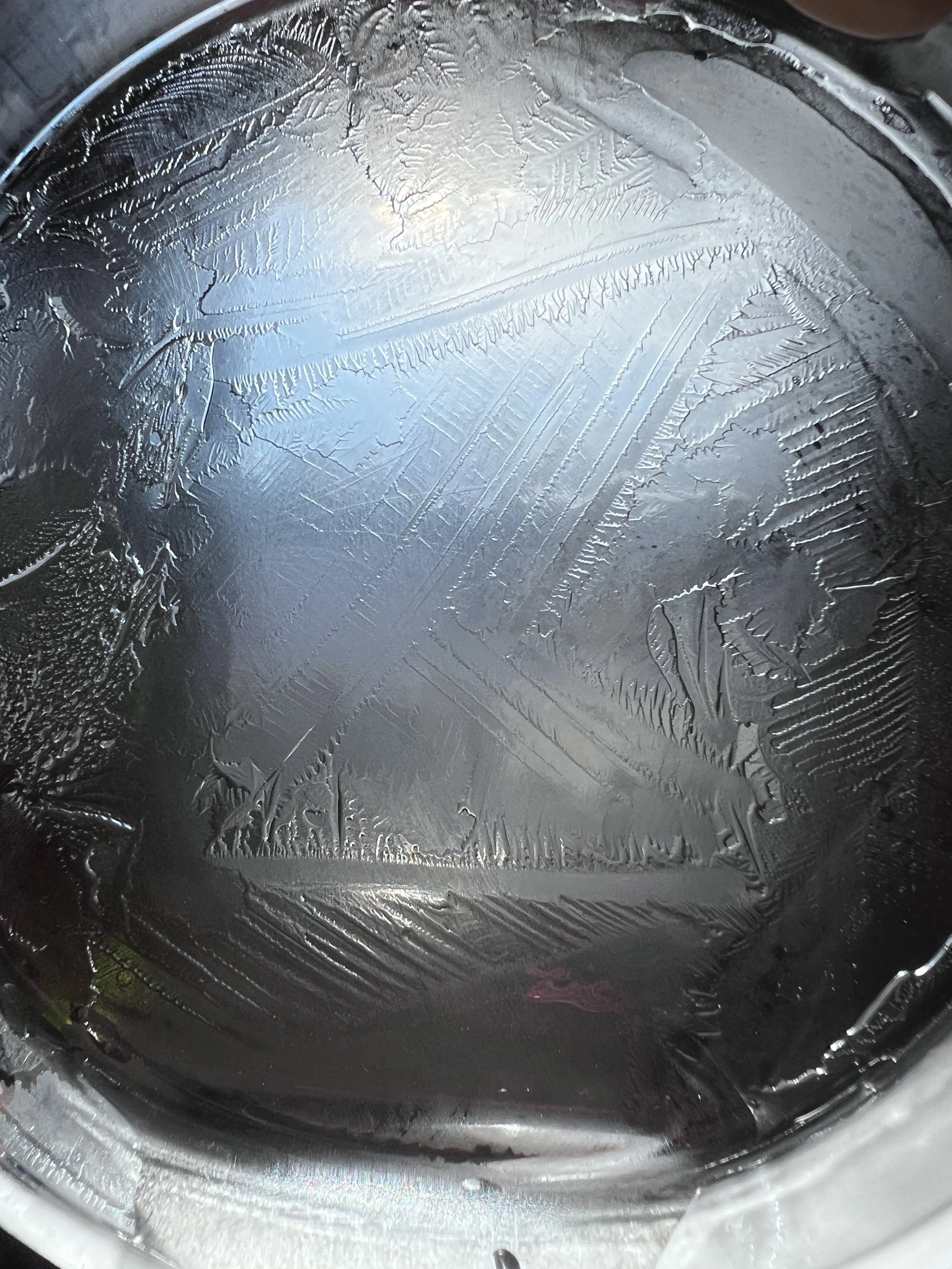Close-up of a petri-dish with frozen ice and hydroglyph