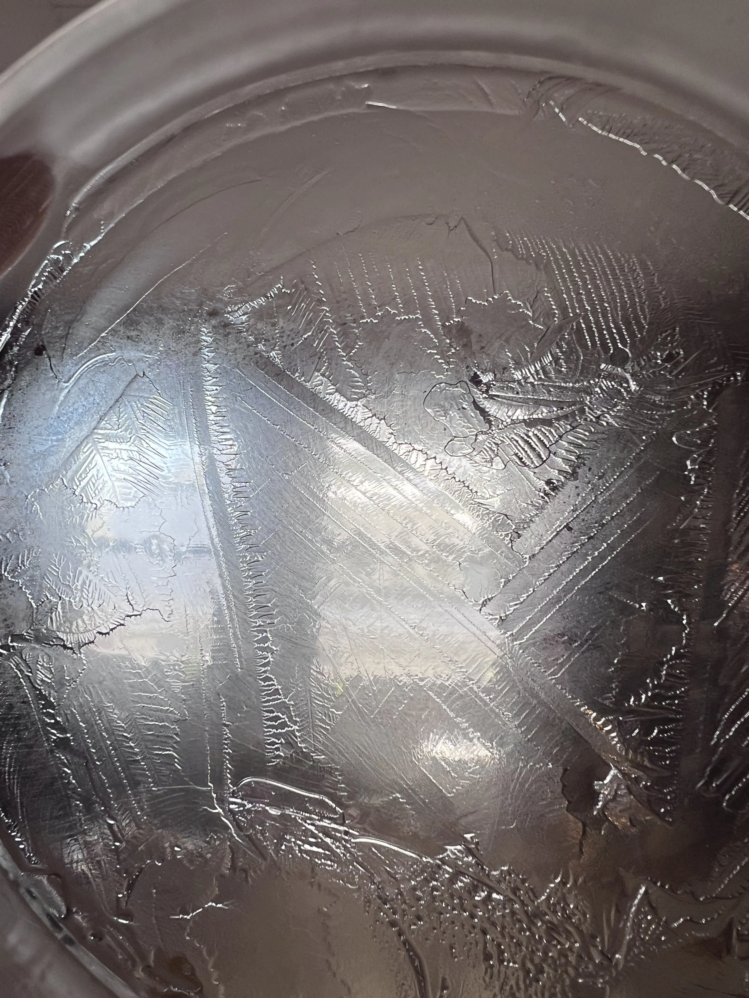 Close-up of a petri-dish with ice patterns and hydroglyph