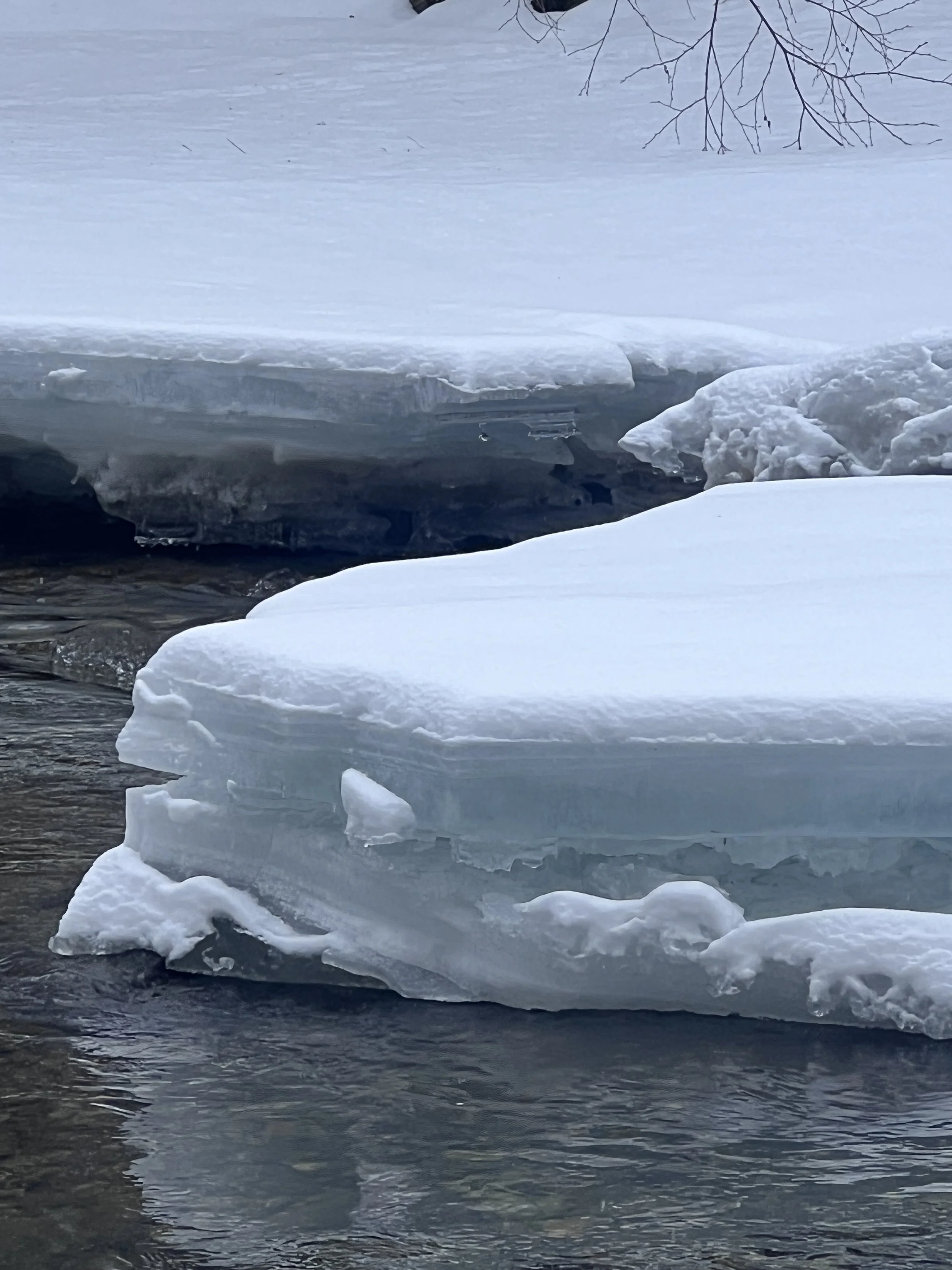 Frozen river with large ice chunks and snow on the surface