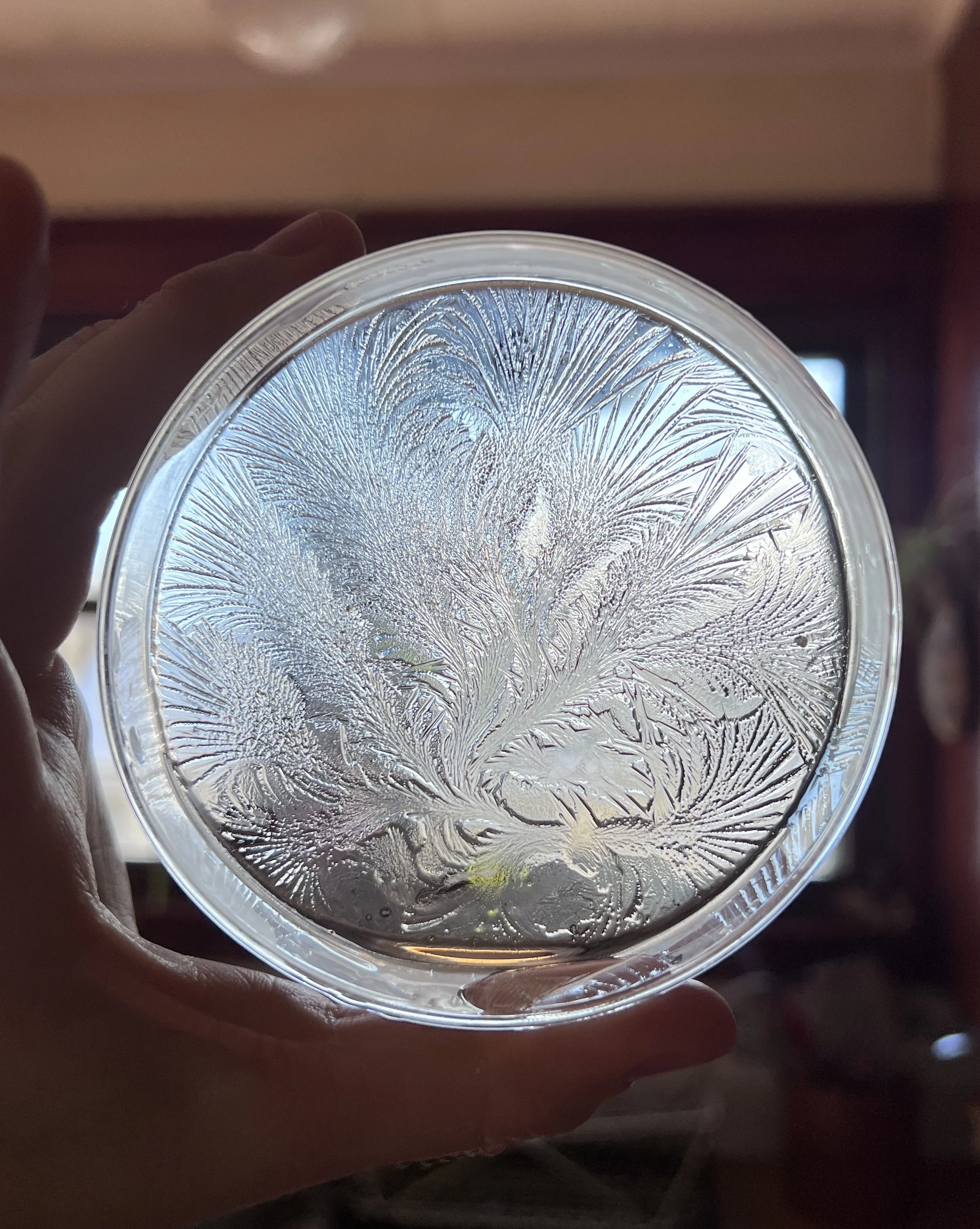 Close-up of a person's hand holding a clear glass filled with water, showing intricate frost patterns on the inner surface of the glass.