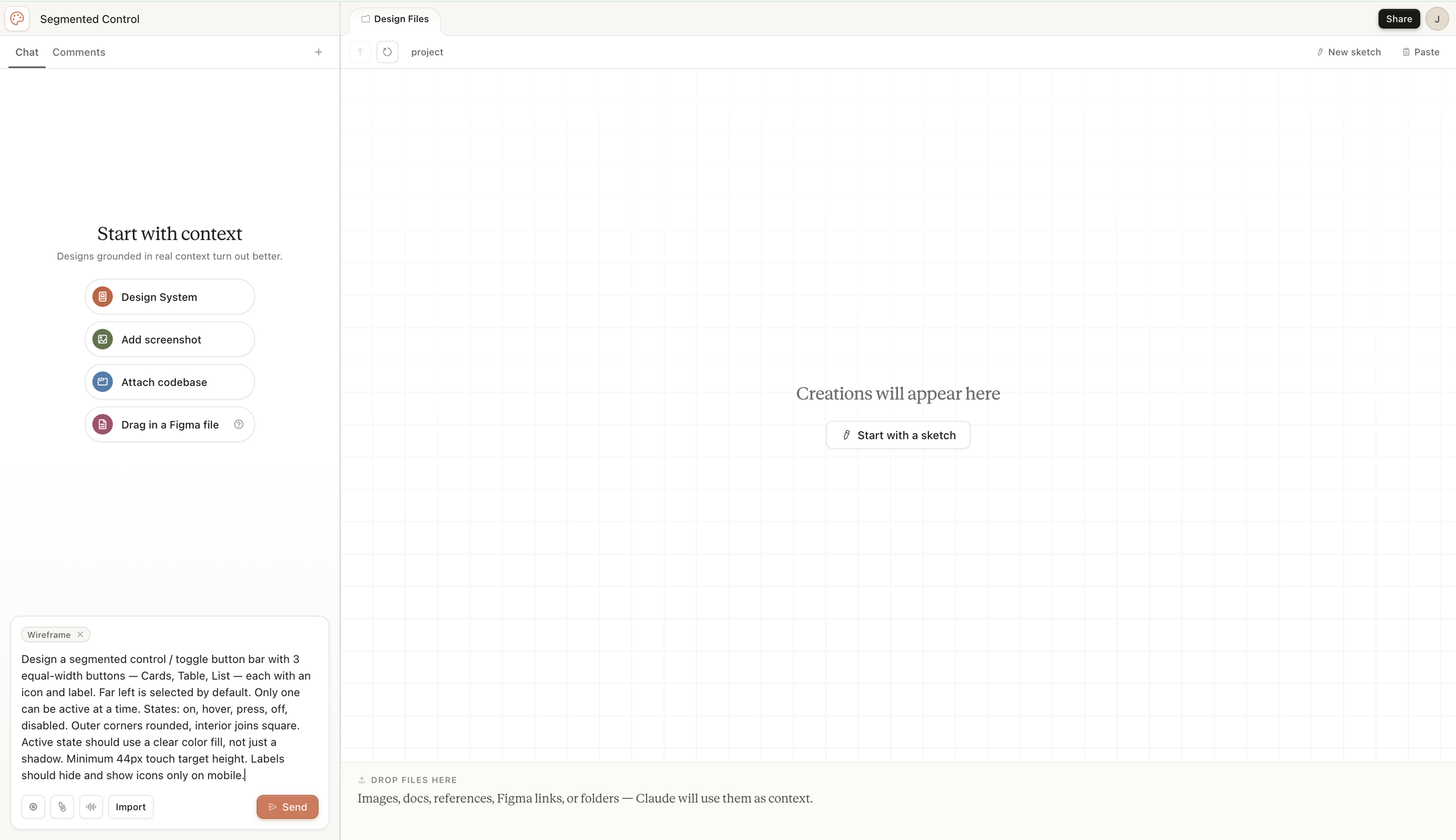 The Claude Design start screen with four context options displayed as buttons: Design System, Add screenshot, Attach codebase, and Drag in a Figma file. A large empty canvas area on the right reads "Creations will appear here.