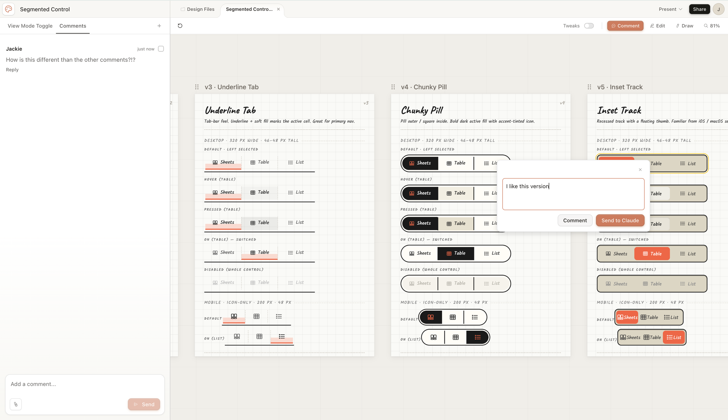 A comment popover open on the design canvas with a text field and two buttons labeled Comment and Send to Claude, showing the ambiguity between leaving a human comment and sending feedback to the AI.