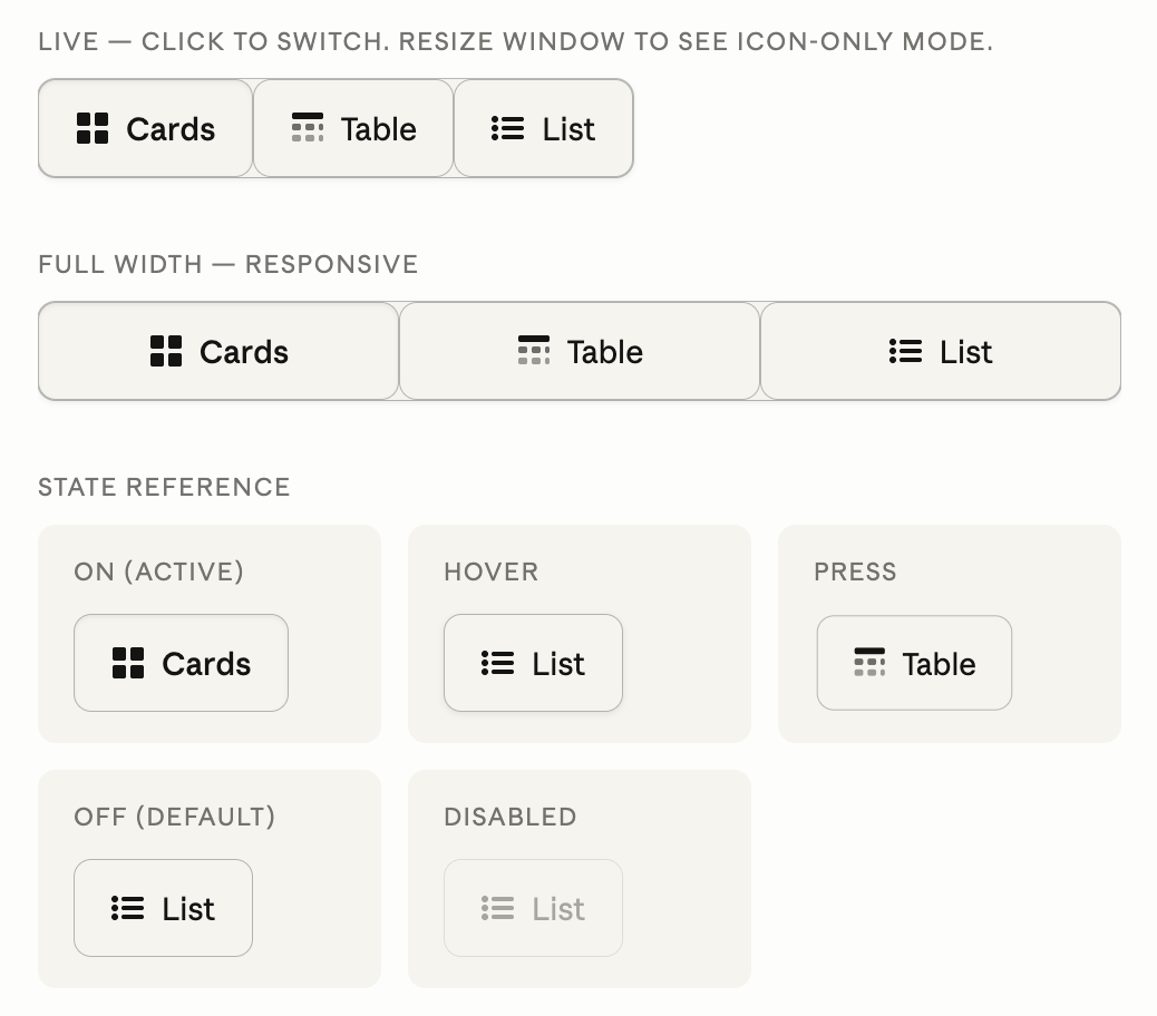 A chat interface showing a segmented control component with three buttons labeled Cards, Table, and List. The buttons have fully rounded corners on all sides and the states appear visually similar to each other.