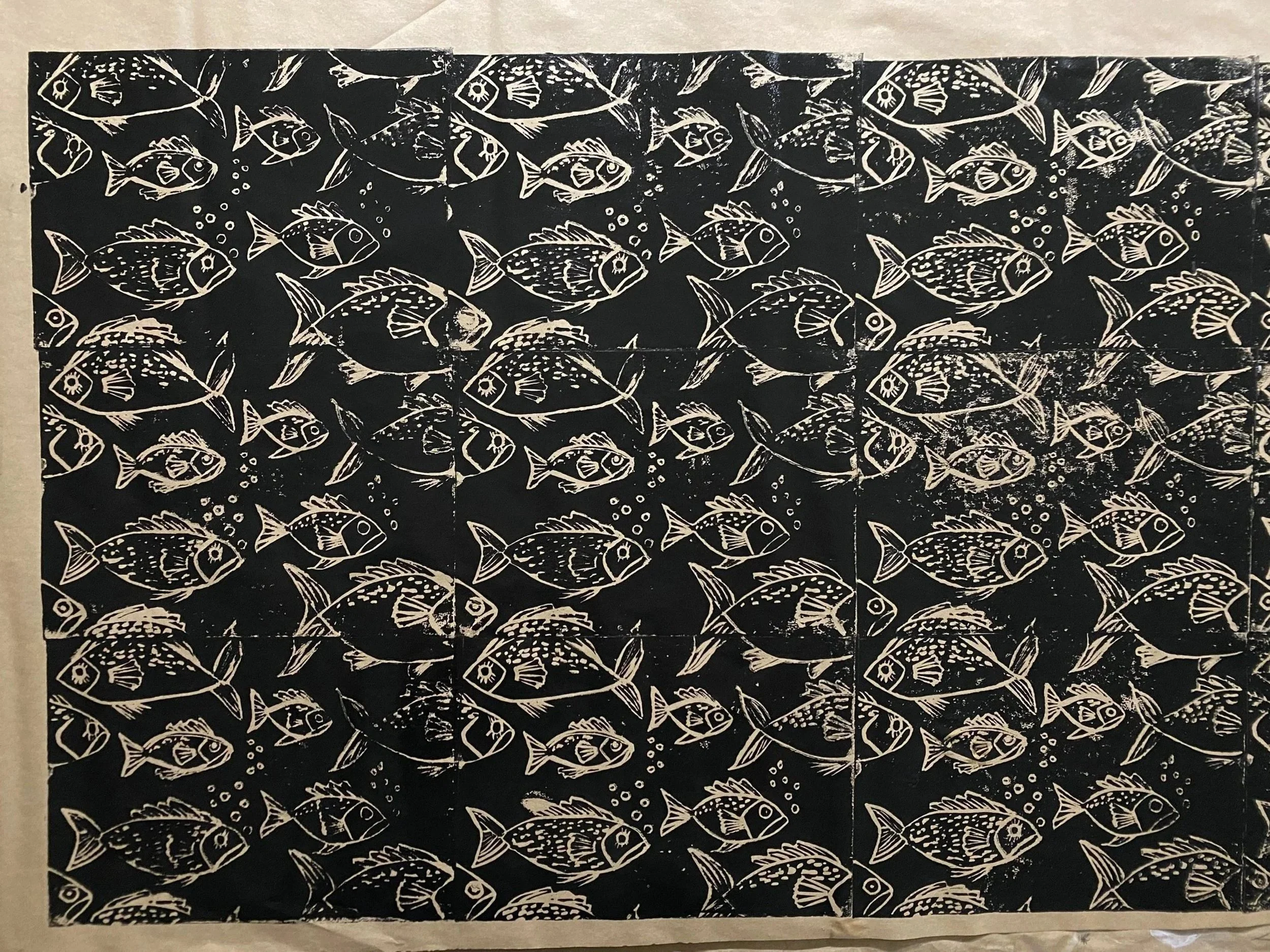 Plenty of Fish!!! or Plenty of Fish??? Lino Block Print onto Brown Kraft Paper will explore printing onto Belgium Linen next. 630mm x 1485mm, Lino Block size: 210mm x 297mm Artist Statement Why fish hide and how to catch them is t