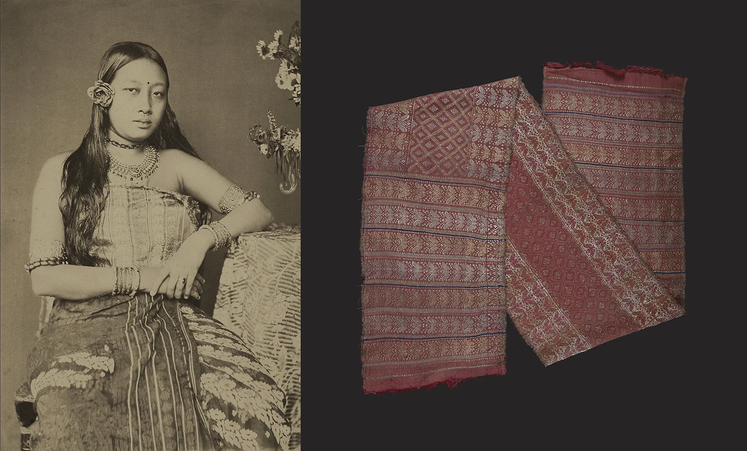 Monmohini Devi, Photographed by Bir Chandra Manikya. The young queen wears an elaborate silk Risha (right) and a fabric patterned with long, inlaid floral butas draped as a skirt. Platinum palladium print. c. 1888