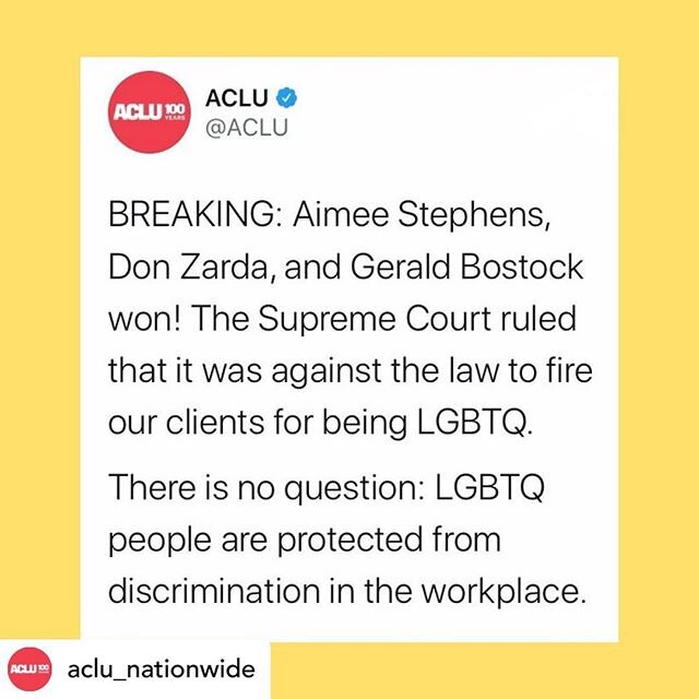 ID: Tweet from ACLU reads: ⁣
⁣
&ldquo;BREAKING: Aimee Stephens, Don Zarda, and Gerald Bostock won! The Supreme Court rules that it was against the law to fire our clients for being LGBTQ. There is no question: LGBTQ people are protected from discrimi