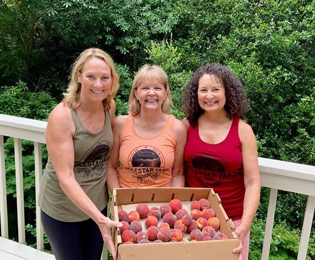 Three friends from high ( Campbell High), or earlier, enjoying our peaches in our new tanks! Thanks y&rsquo;all!