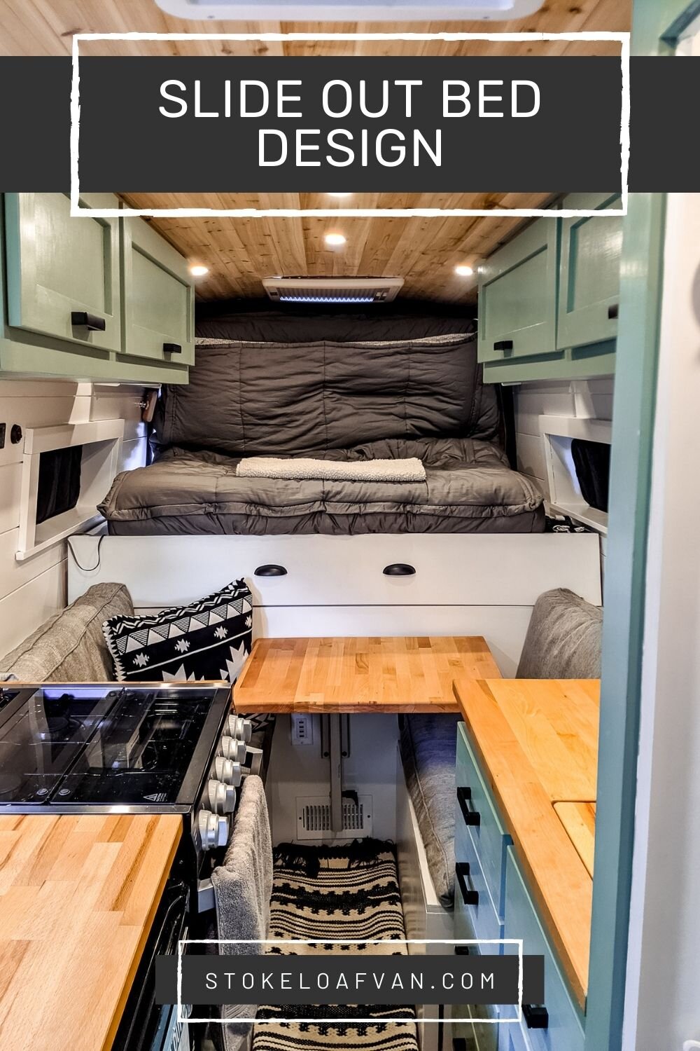 I love the under and over the bed storage! I would make the layout for the  rest of the van more open floor plan