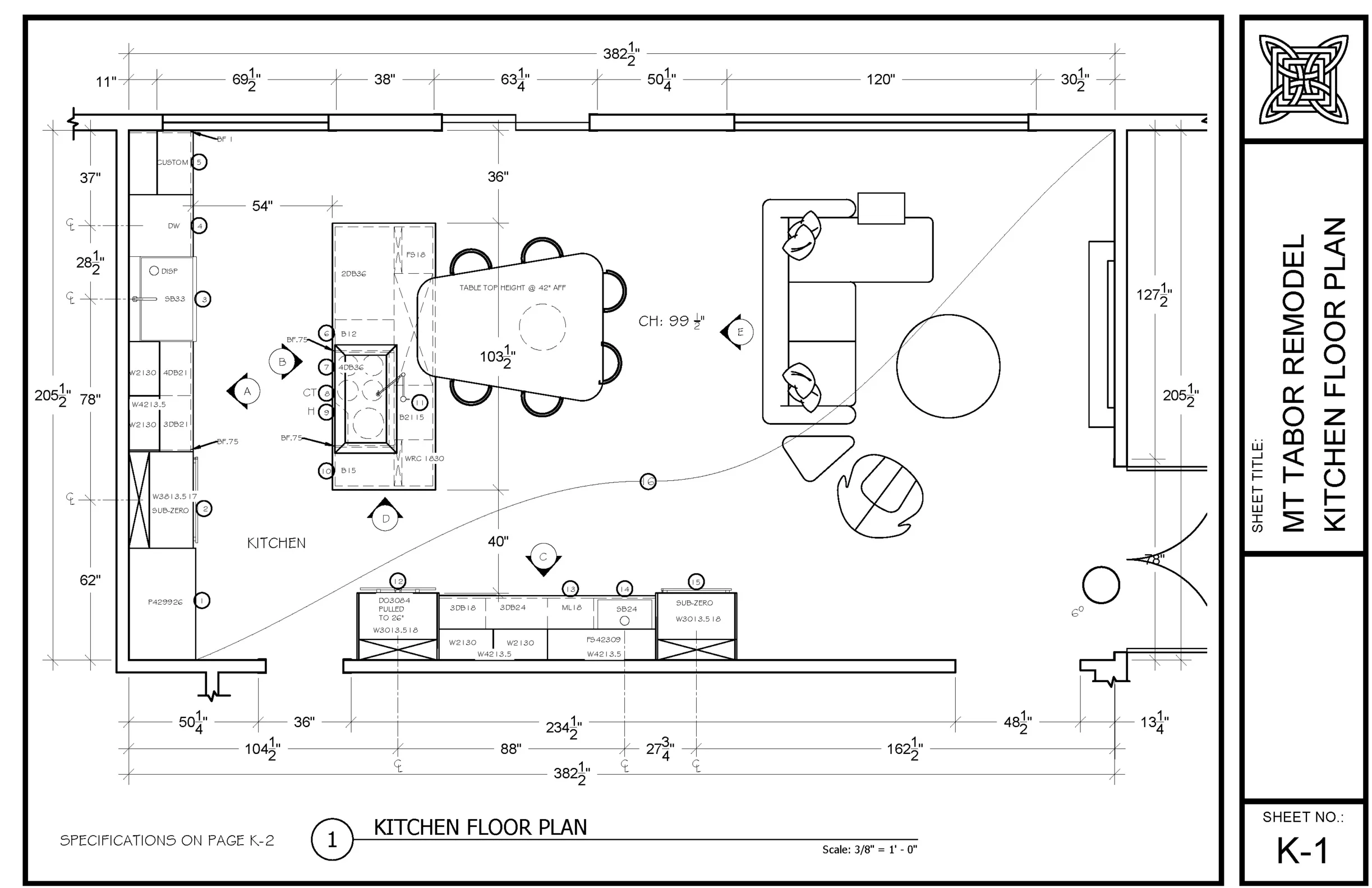 Kitchen &amp; Living Area Floor Plan, project won 1st Place for Kitchen Design, Oregon Chapter NKBA Student Design Contest 2019