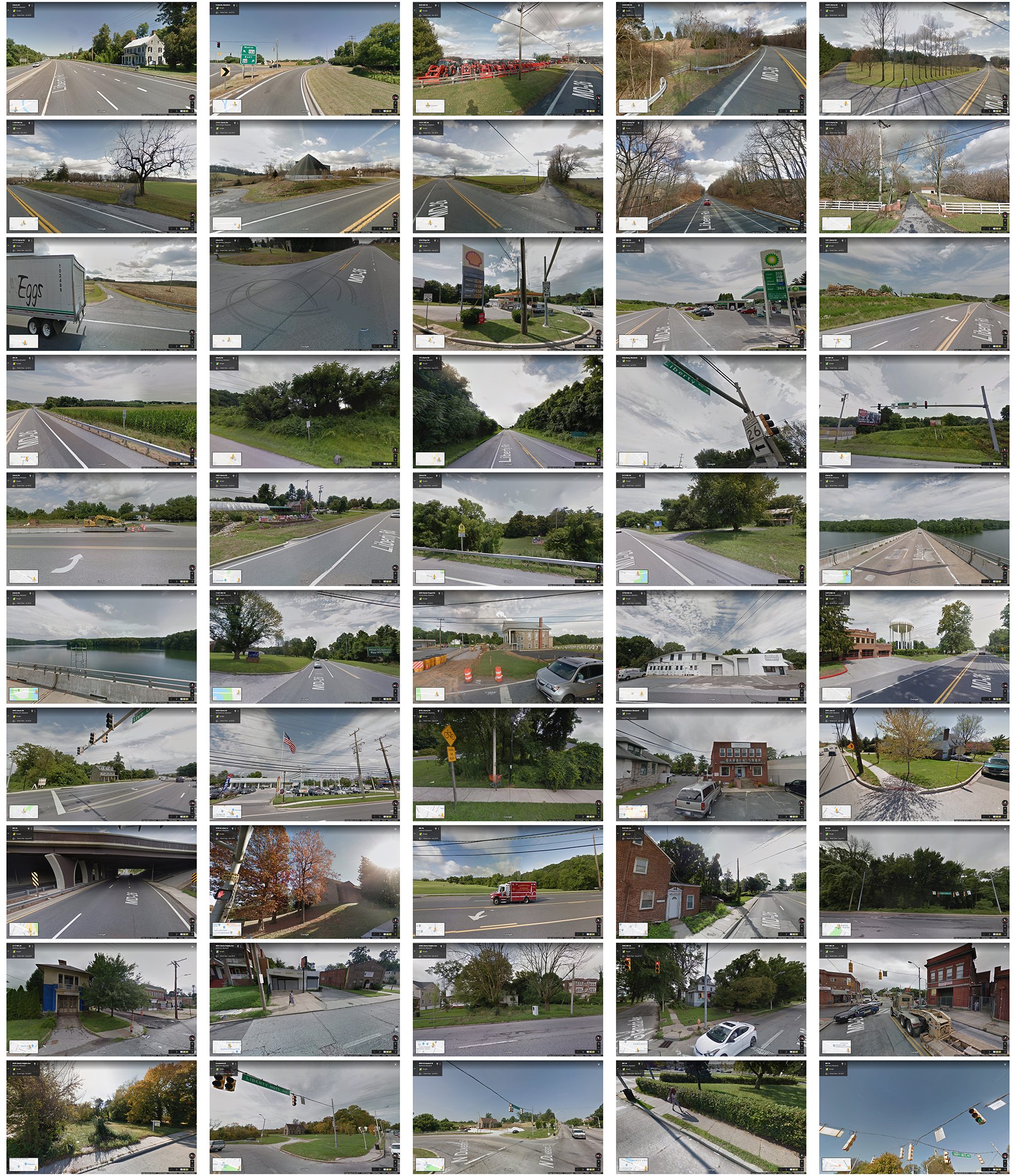  50 different Google street views along Liberty Road as business card reverse 