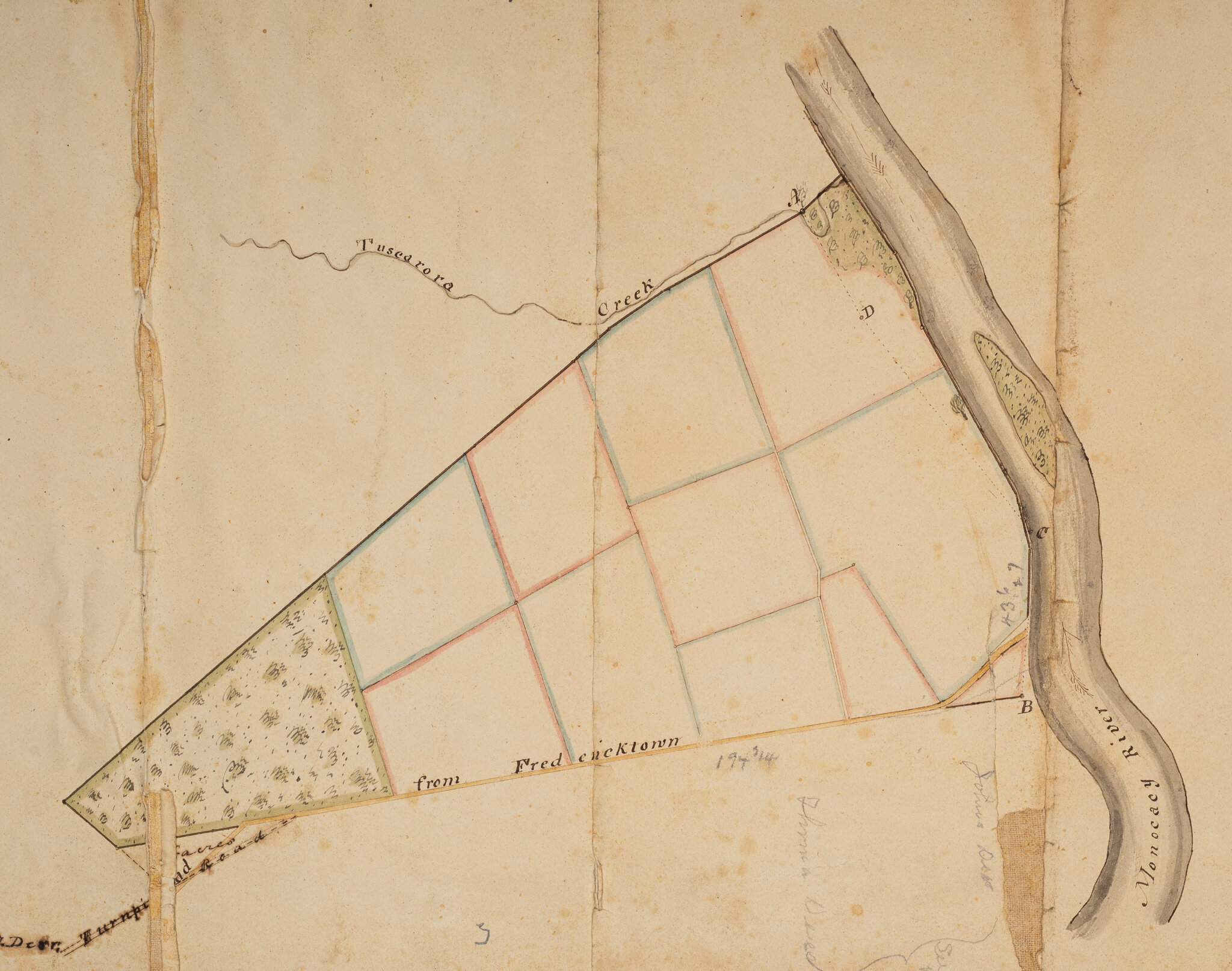  Map detail  Survey depicting portion of land called “ Bear’s Den”  along Liberty Road owned by John Derr  1834 