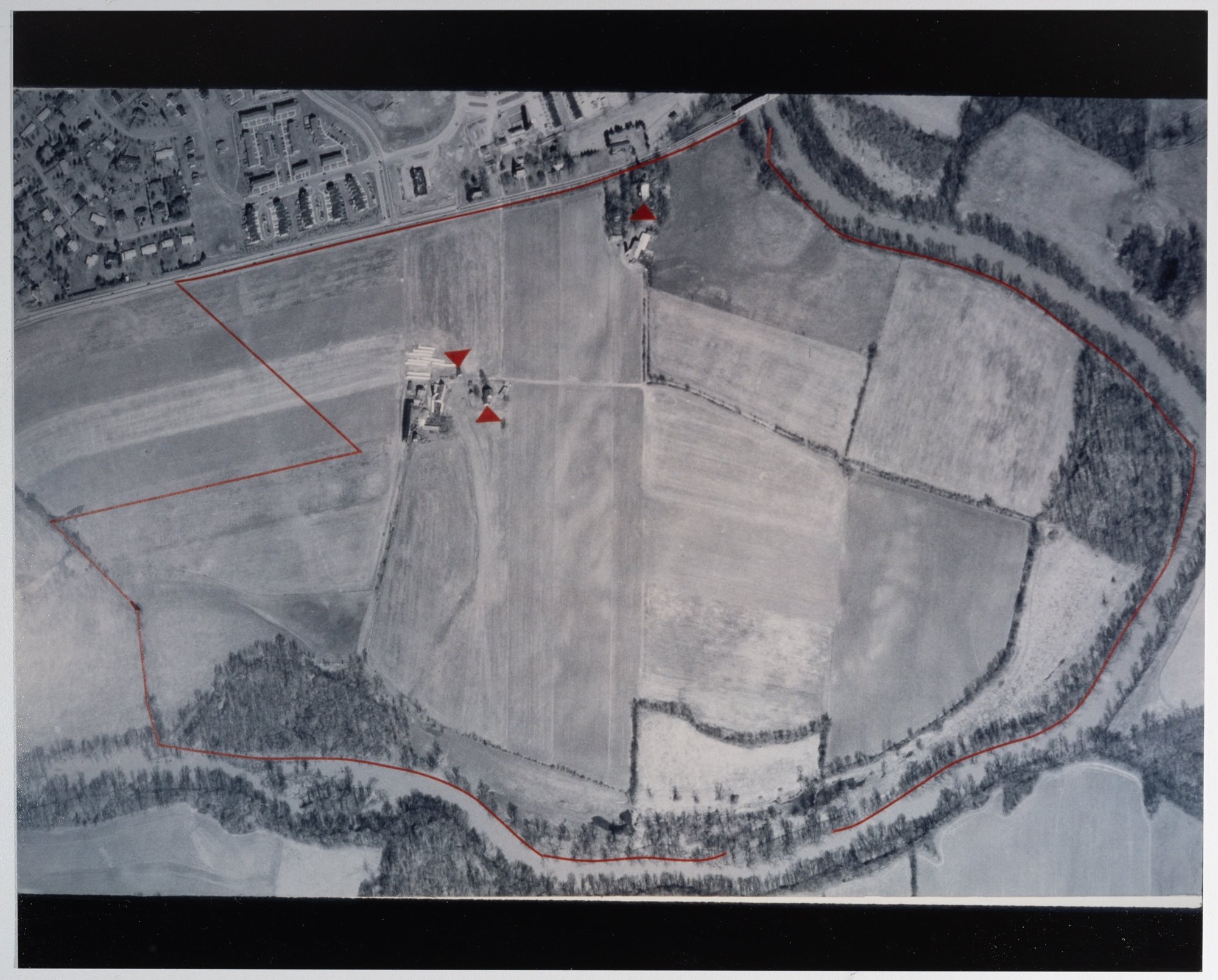  Aerial photograph of Dearbought indicating 1775 John Der house and 1755 Sebastian Derr house  Preliminary planning for development 