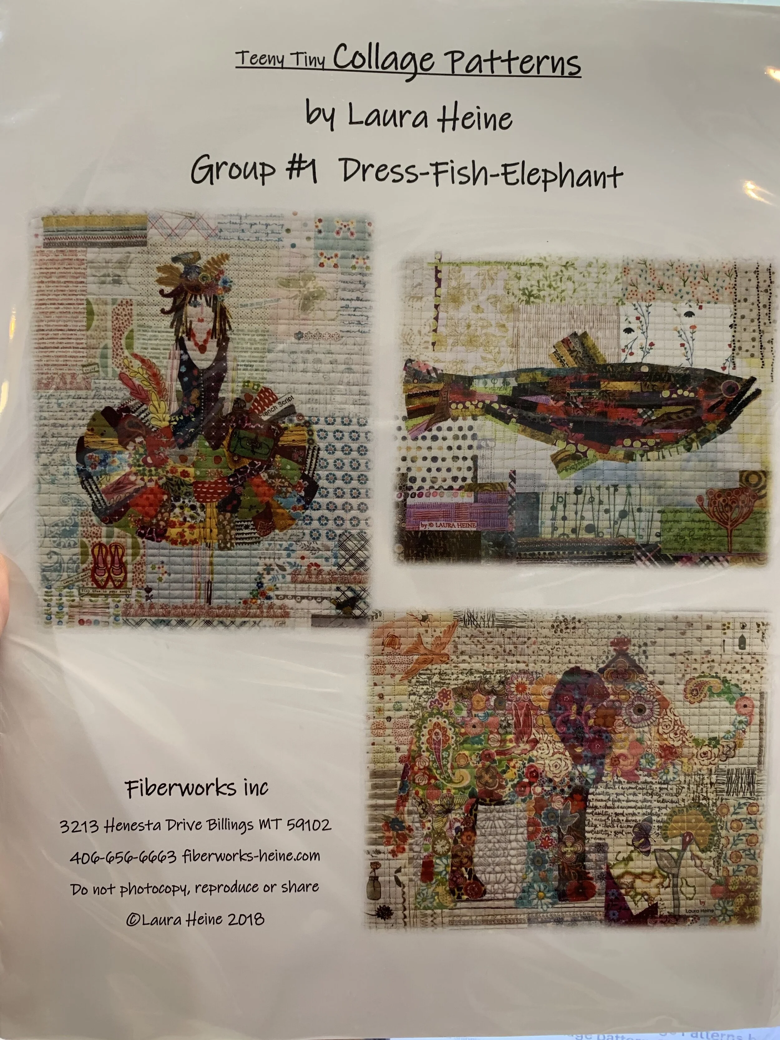 Teeny Tiny Collage Patterns by Laura Heine of Fiberworks Group #1 Dress-Fish-Elephant collage pattern