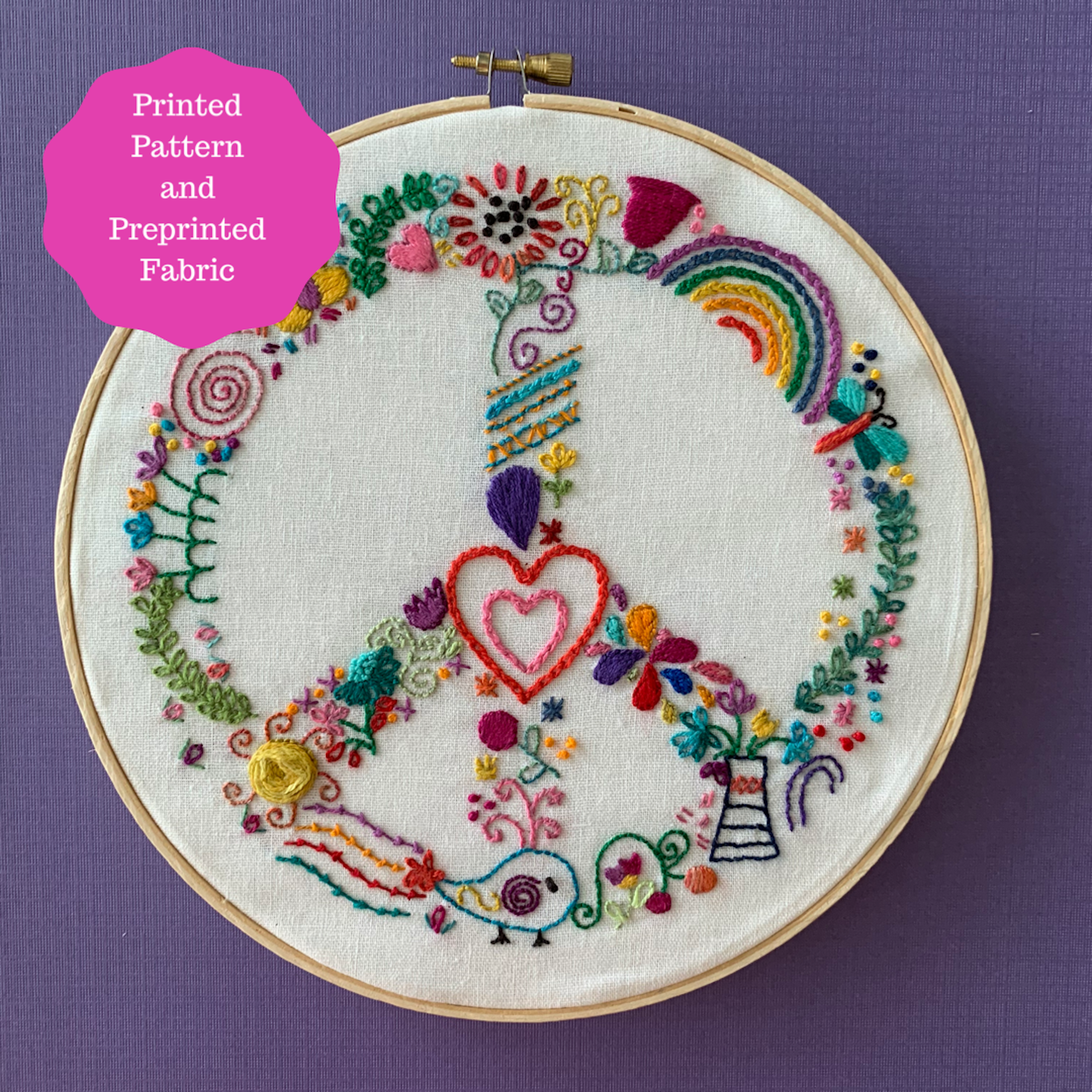 Peaceful Whimsy Embroidery Pattern and Printed Fabric Panel