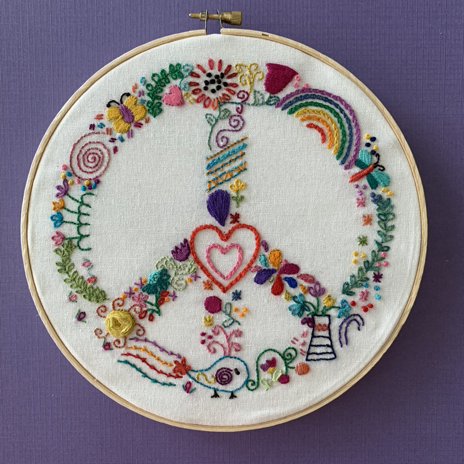 Preprinted Fabric thread hoop needle Peaceful Whimsy Modern Hand Embroidery Kit peace sign Embroidery Kit Complete kit includes Pattern