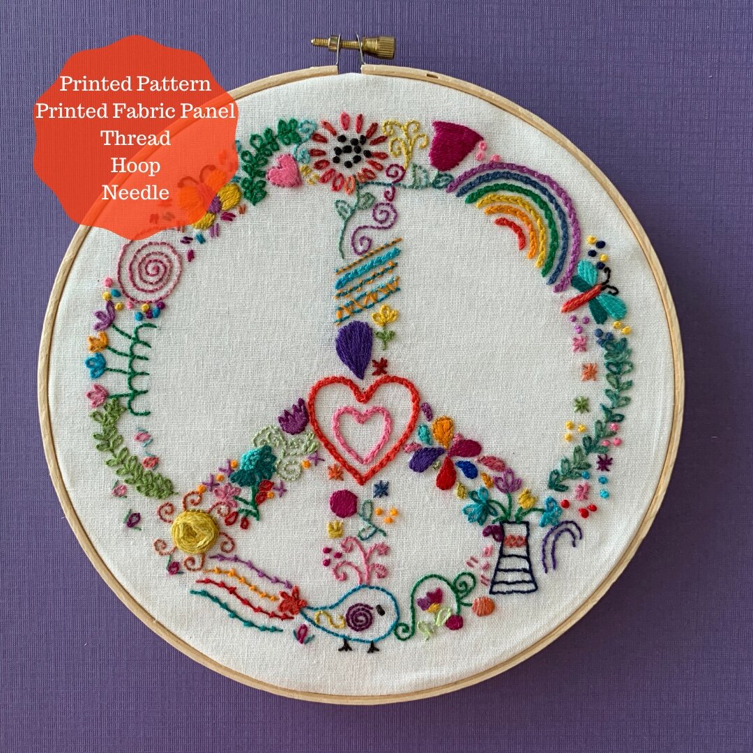 Peaceful Whimsy embroidery kit with pattern, thread, hoop, needle
