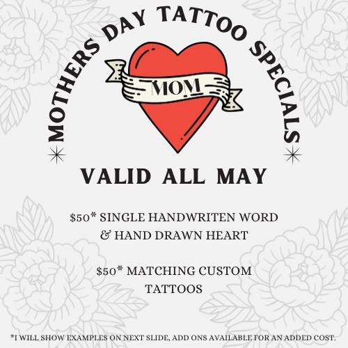 hey you. 
let&rsquo;s celebrate you(r momma).

Come in and snag a way below shop min (usually $100) tattoo in honor of mom. Or surprise mom with a tattoo. Shoot, just come get a tattoo, doesn&rsquo;t have to be for your momma. 

HAND-DRAWN HEART OR H