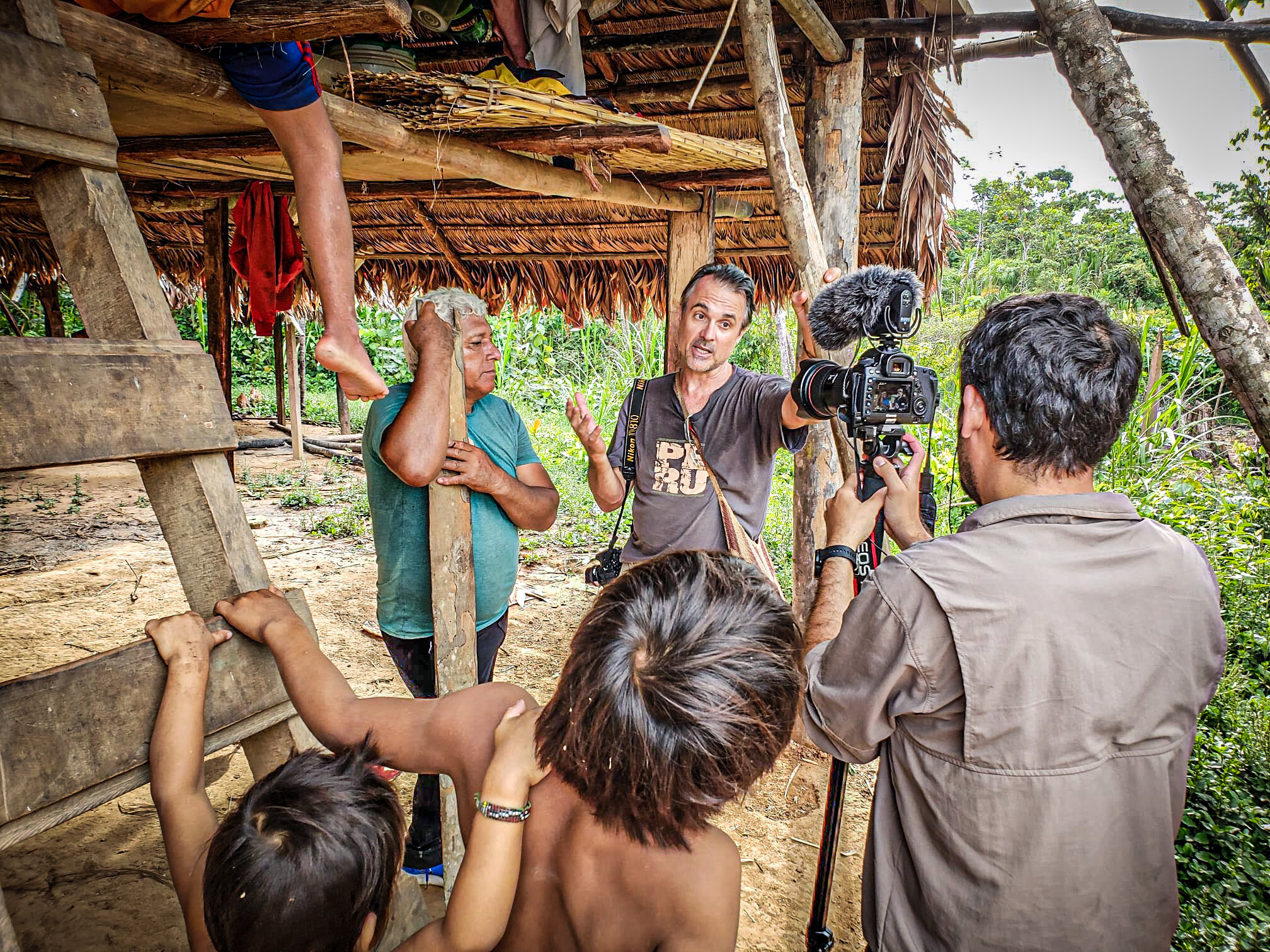 Filming Medical Anthropologist Glenn Shepard within the isolated village of Yomibato, in the Intangible Zone of Manu National Park, Peru.