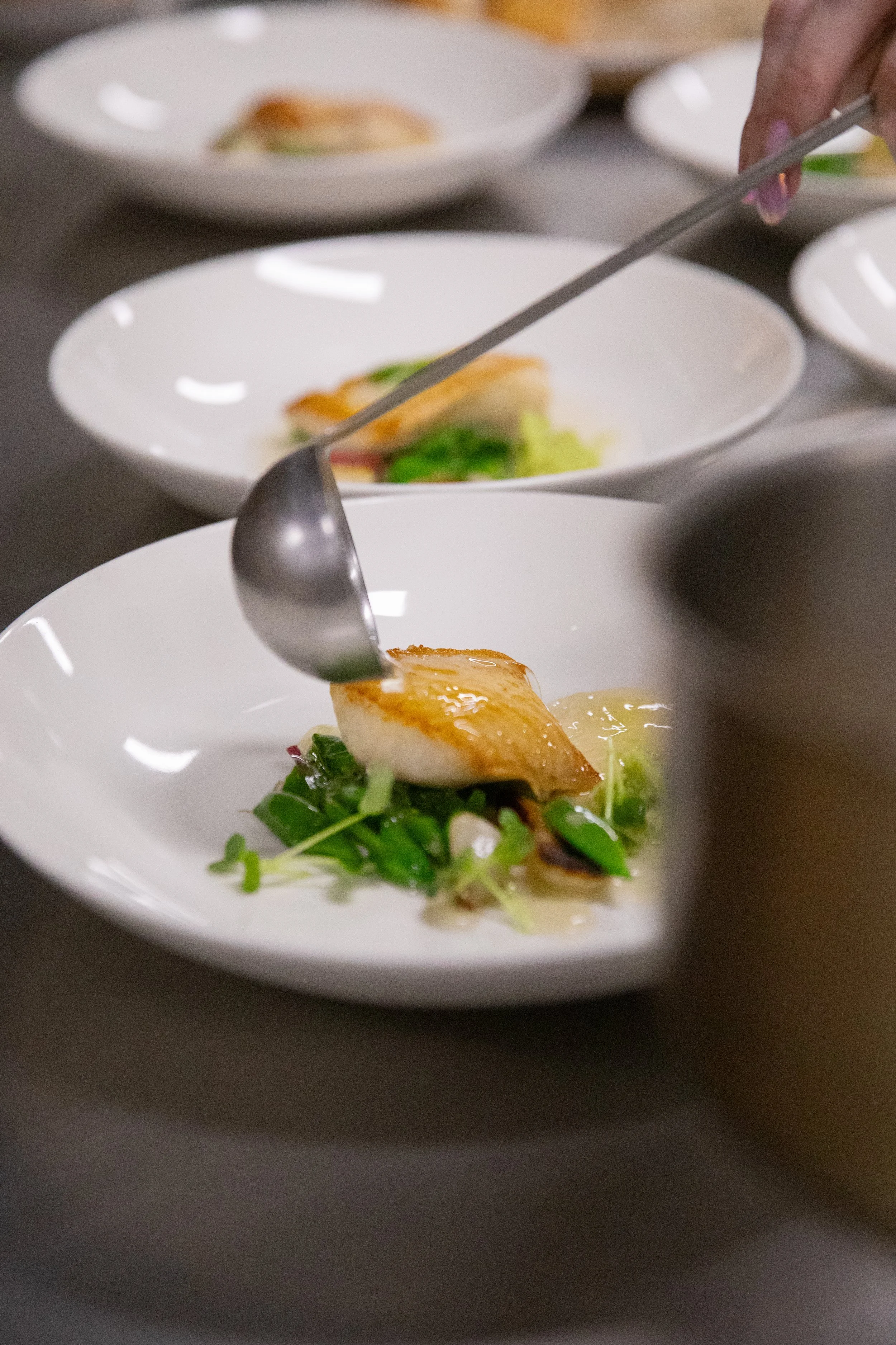 Chef plating seared fish with green vegetables on white plates.