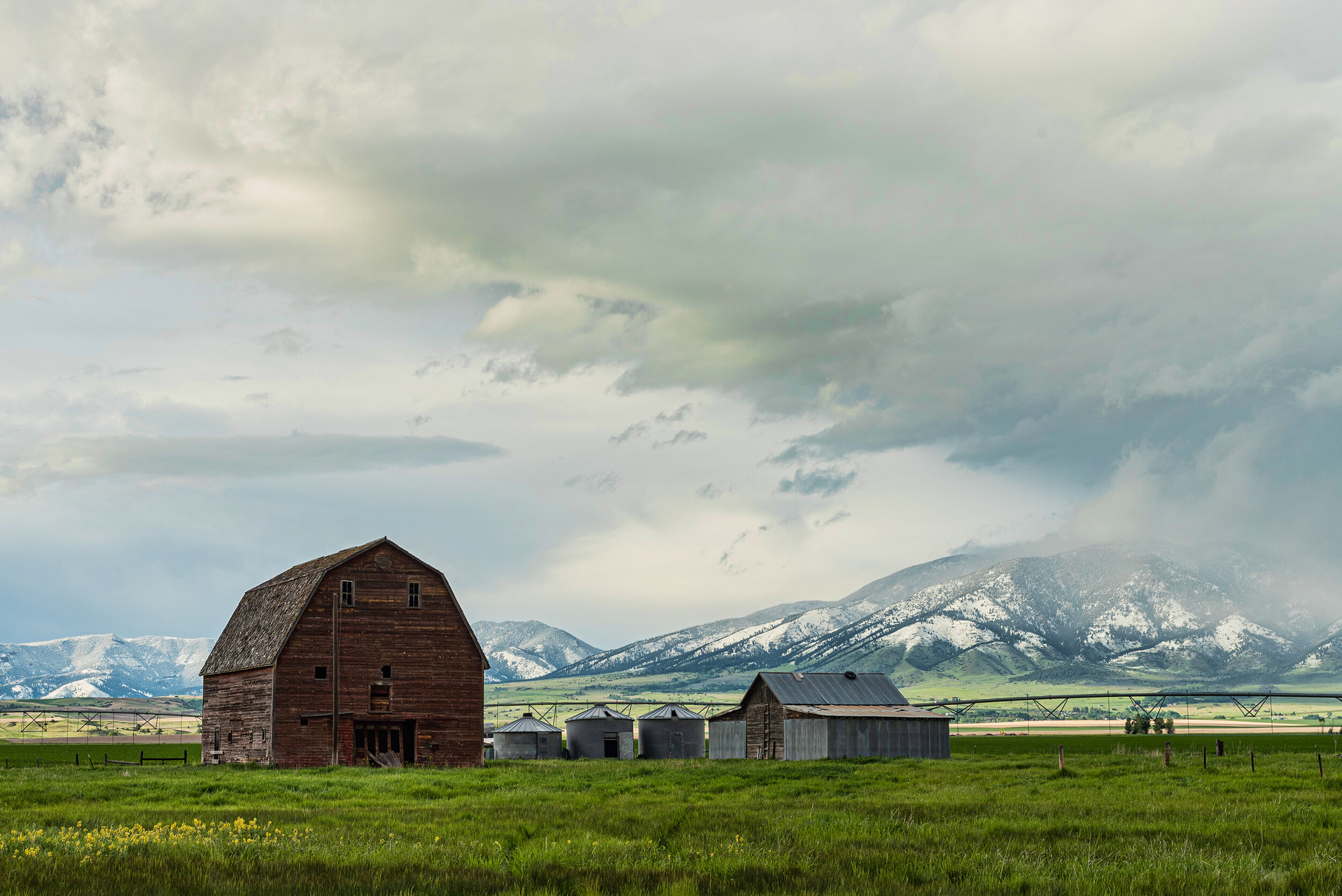 Red barn at the base of the Bridger Mountains